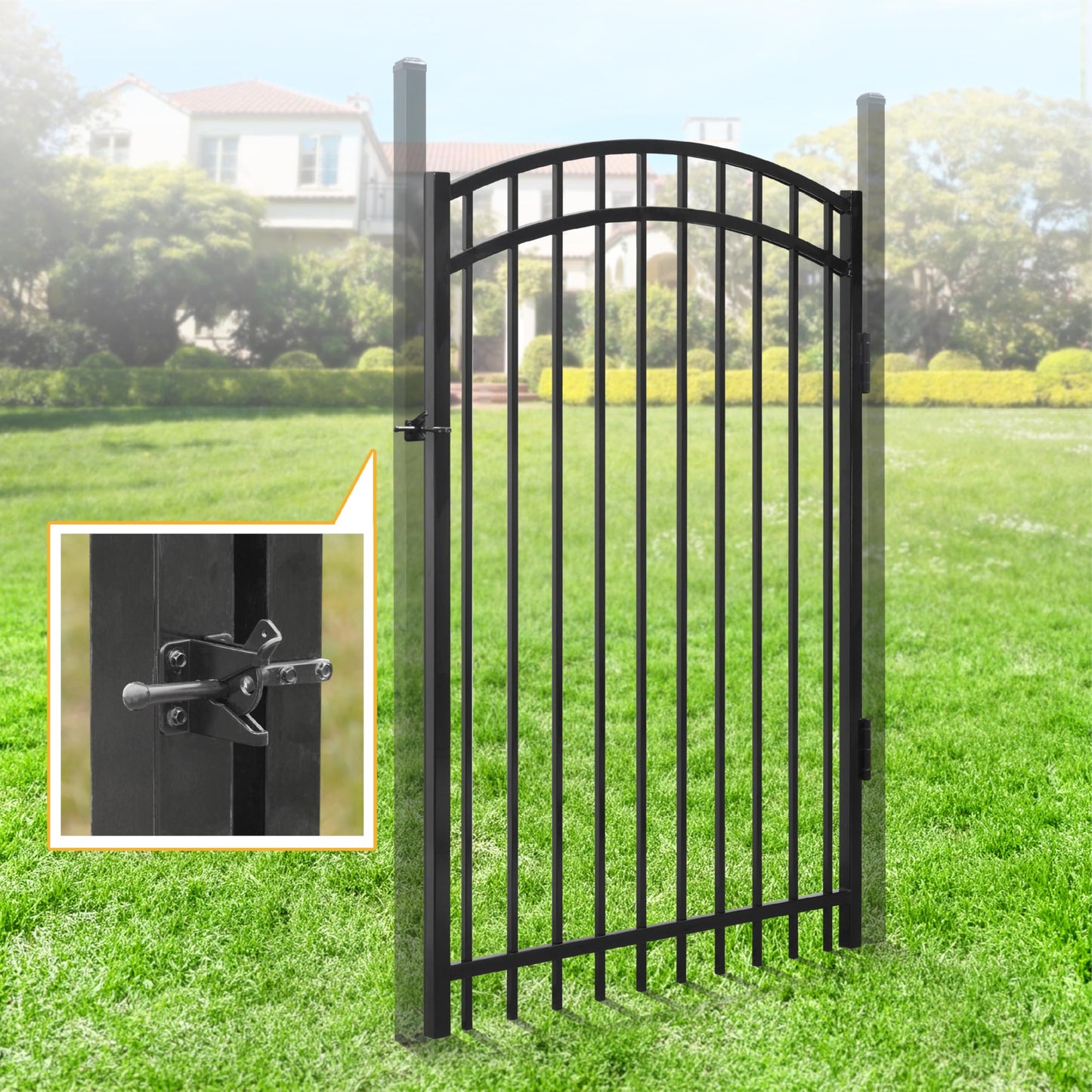 Fencer Wire Heavy Duty Arched Decorative Fence Gate, 6FT Height x 4FT Width Outdoor Fence Gate, Outdoor Anti-Rust Metal Steel Gate for Fencing Barrier, Garden Gate with Gate Lock