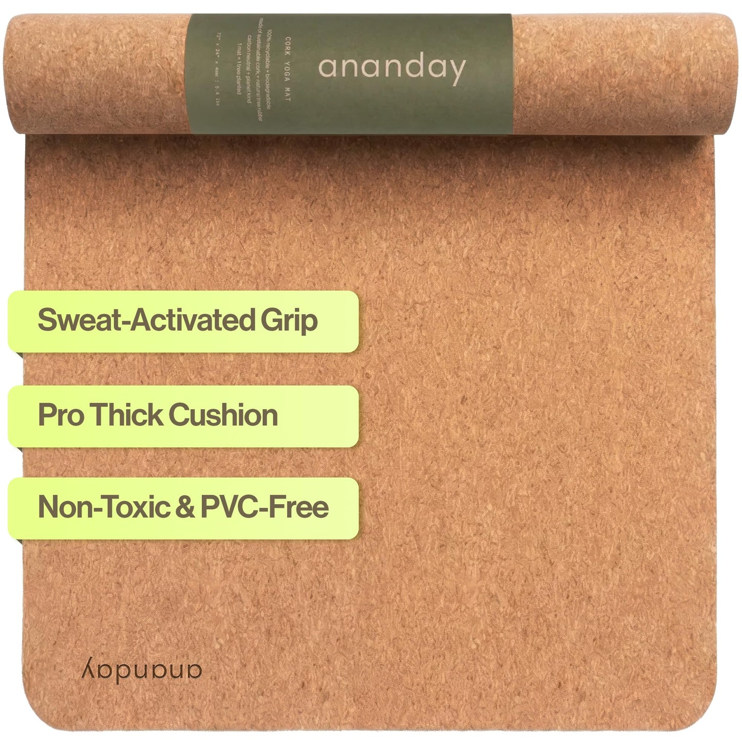 Ananday Premium Cork Yoga Mat - Sustainable, Non-Toxic & PVC-Free, Non-Slip, Perfect for Hot Yoga, Pilates & Exercise - Cushioned for Superior Comfort & Support