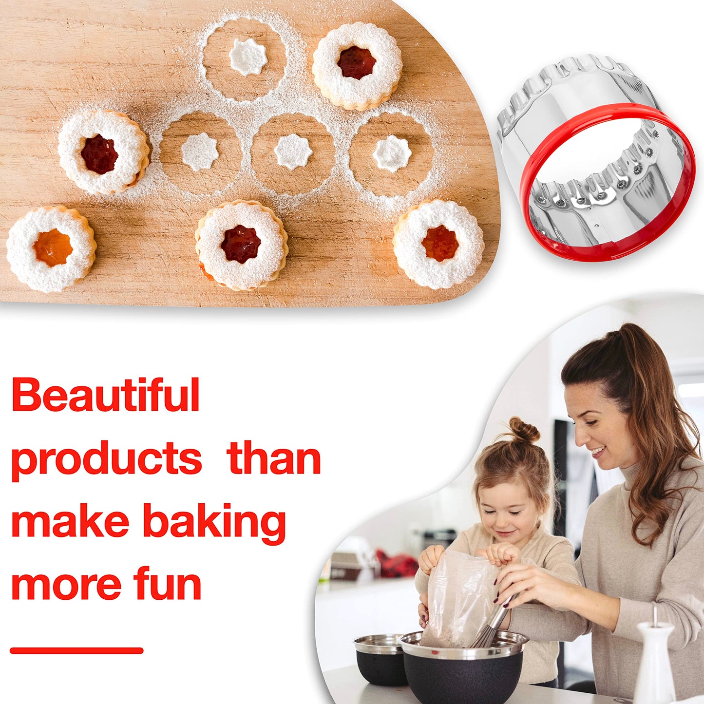 3Pcs Large Biscuit Cutter 3", 4", 5", Fluted Round Cookie Cutters for Baking, Sandwiches Cutter, Scone Cutter, Coated with Soft PVC for Protection