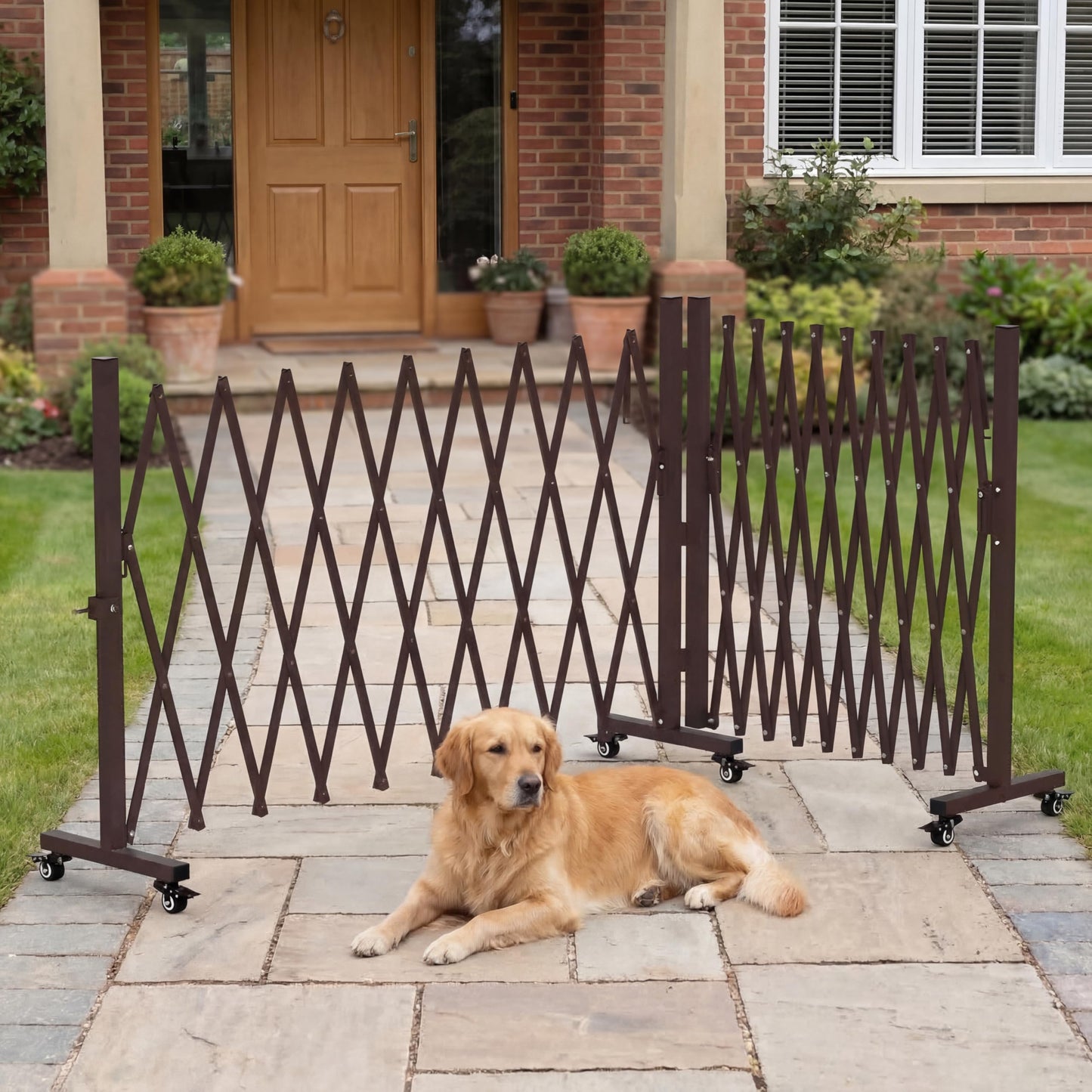 TSAYAWA 213” Wide Expandable Retractable Driveway Gate for Outdoor, Metal Fence Barrier with Lockable Foot Casters, 0-180° Rotatable Two-Segment Yard Garden Gate for Dog Security (213W×39.76H, Grey)