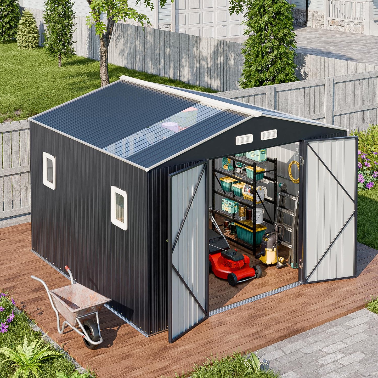 WACASA 10x10 FT Metal Shed with Base Frame Floor Kit | Heavy-Duty Military-Grade 20-Gauge Reinforced Frame with Powder Coating | 50 PSF Snow Load & 120 MPH Wind Rated | Skylight Tiny House Building