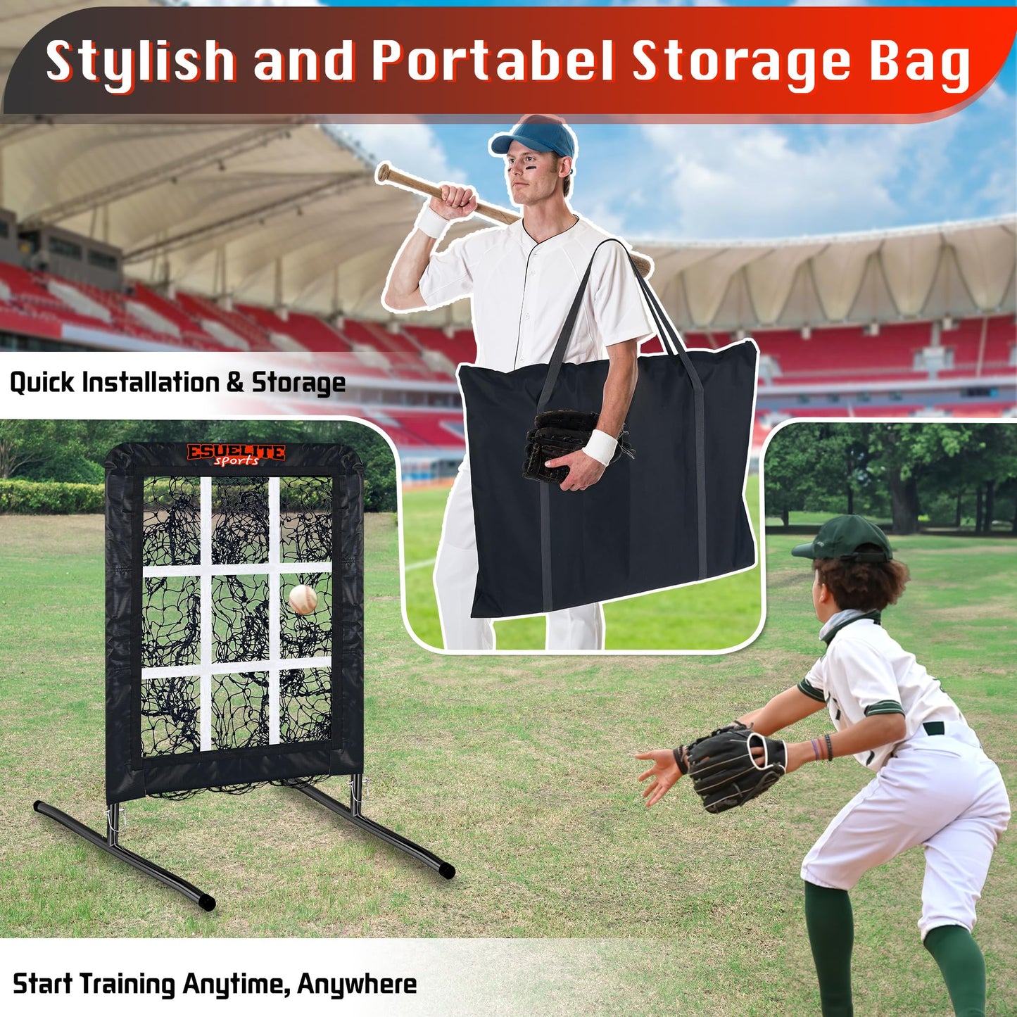 9 Hole Pitching Net with Strike Zone, Baseball Pitching Target, Softball Pitching Net, Portable Pitcher Training Equipment Height Adjustable（Black）