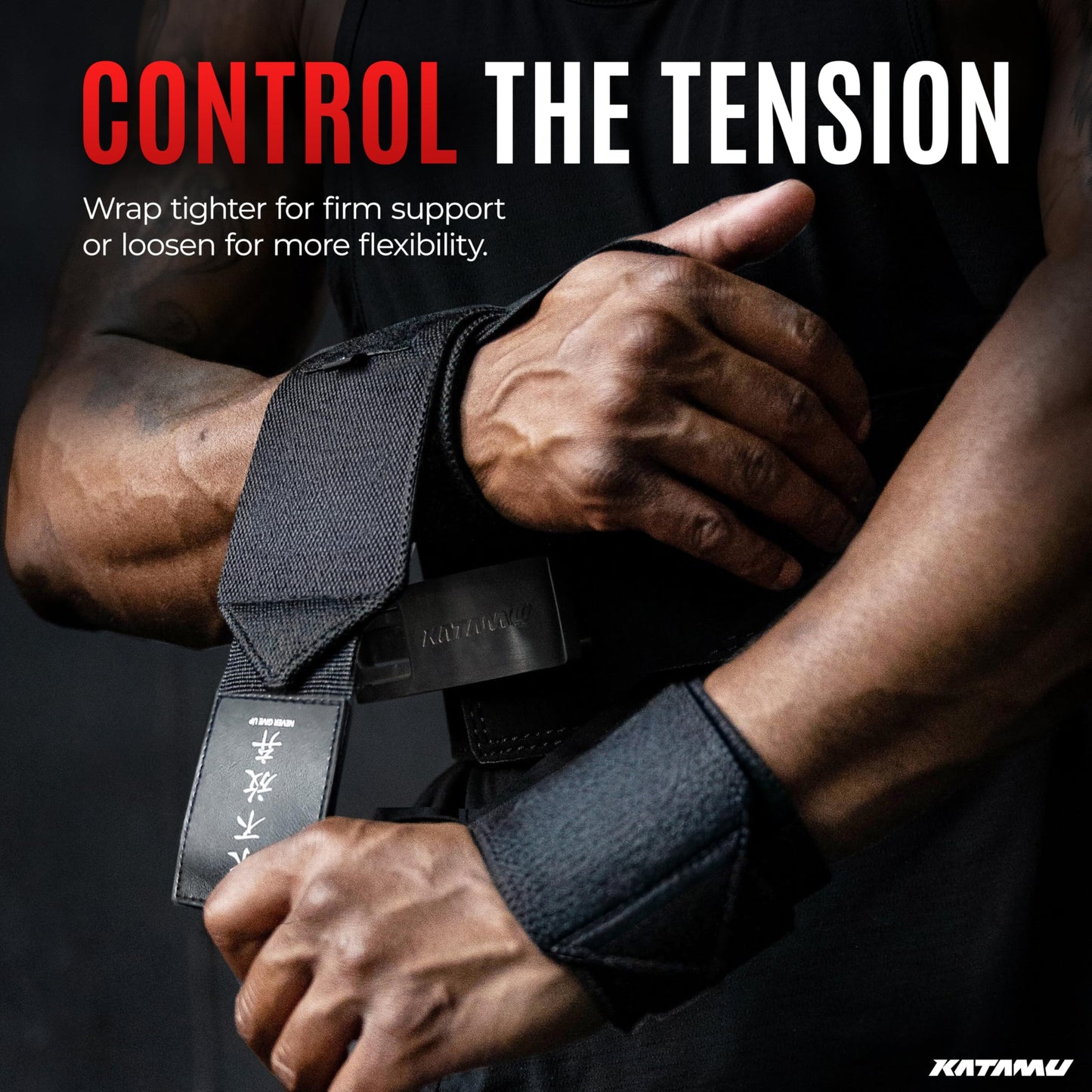 Katamu Never Give Up Premium Wrist Wraps for Weightlifting — 18 Inch Cotton Wrist Support with Thumb Loop for Powerlifting, Bodybuilding and Bench Press, Pair