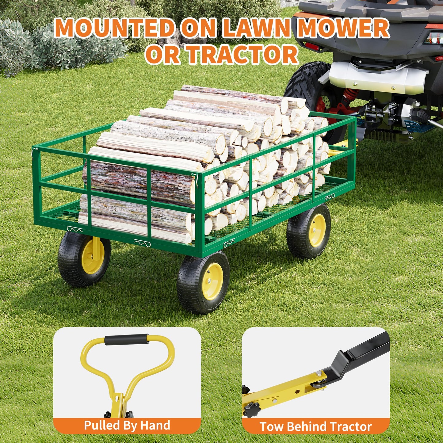 3-in-1 Heavy-Duty Steel Garden Cart, 1200 Lbs Garden Wagon, with 13 Inch All-Terrain Tires and Removable Mesh Side Panels, 180° Rotating Handle, Metal Multi-Function Carts, Outdoor Gardens Wagon Cart