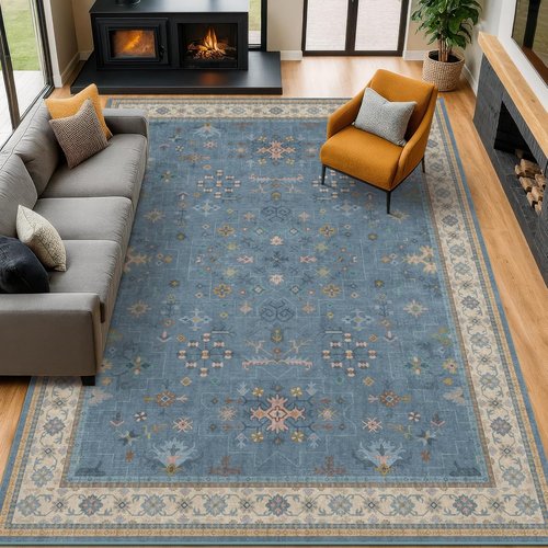 Hazo Haus Area Rug - Dusty Blue 10x14 Washable Lightweight Floral Design for Living Room & Bedroom