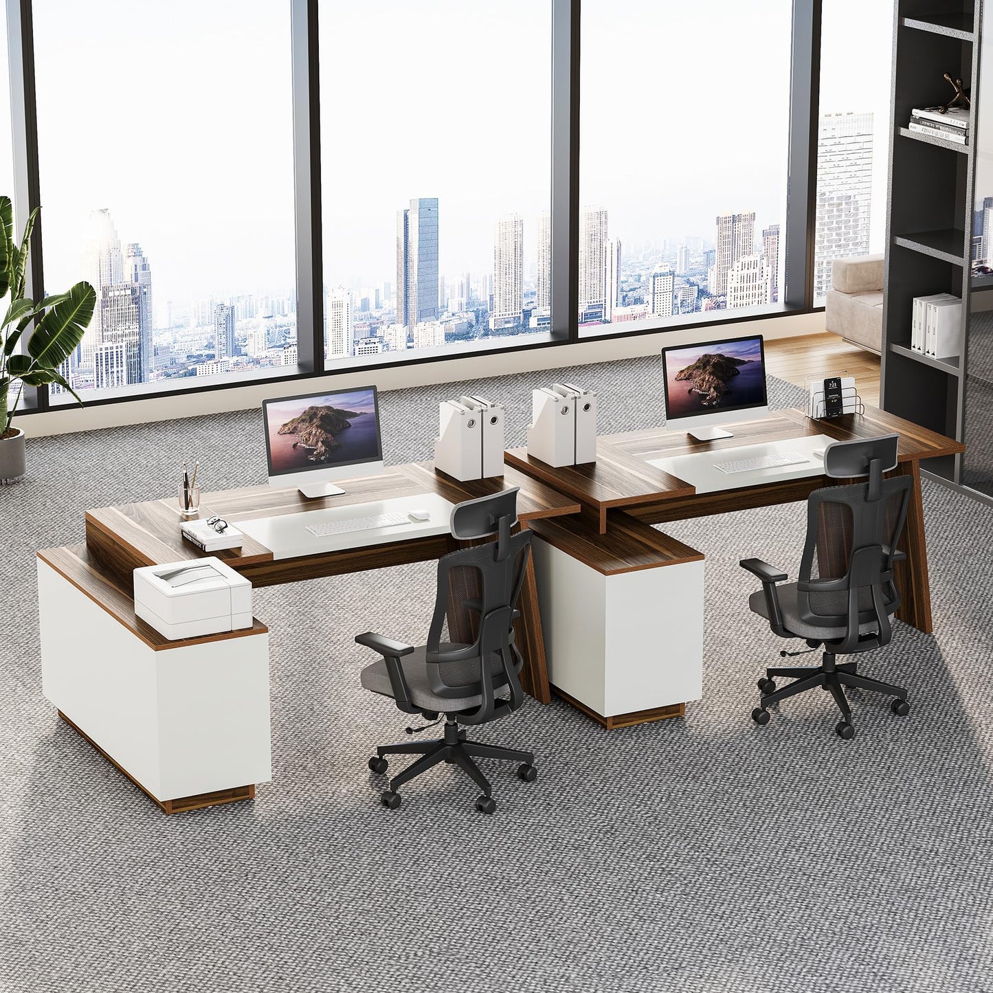 LITTLE TREE 70.5-Inch Executive Desk, Large Home Office Desk with Storage Cabinet and Open Shelves, L-Shaped Computer Corner Desk, Workstation for Office Home, Walnut and Black