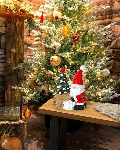 iStatue Santa Gnome Figurine - Lighted Mini Christmas Tree & Cardinal Decorations - 9.5 Inch Holiday Decor