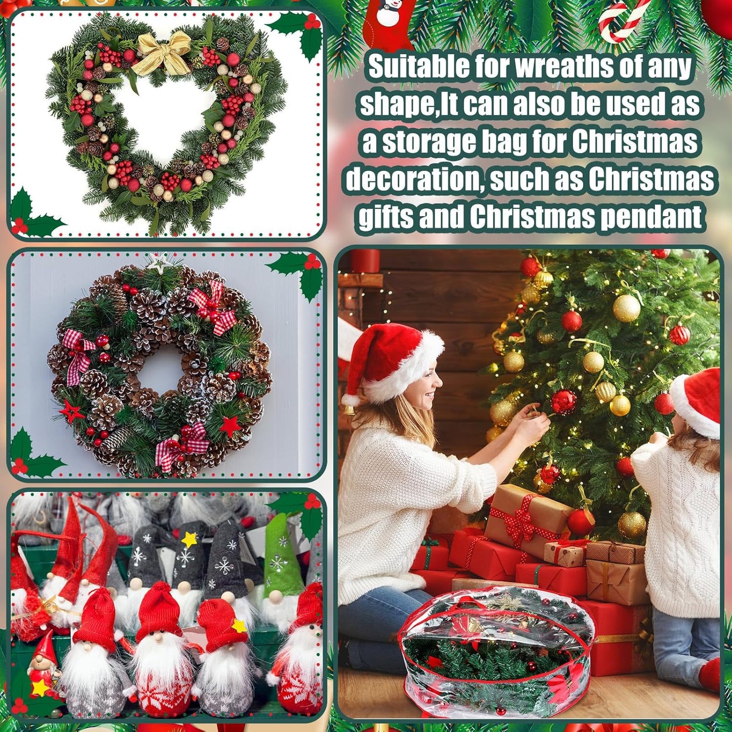 Shappy Christmas Wreath Storage Bag - 24-Inch Clear Container with Dual Zippers & Reinforced Handles | Red