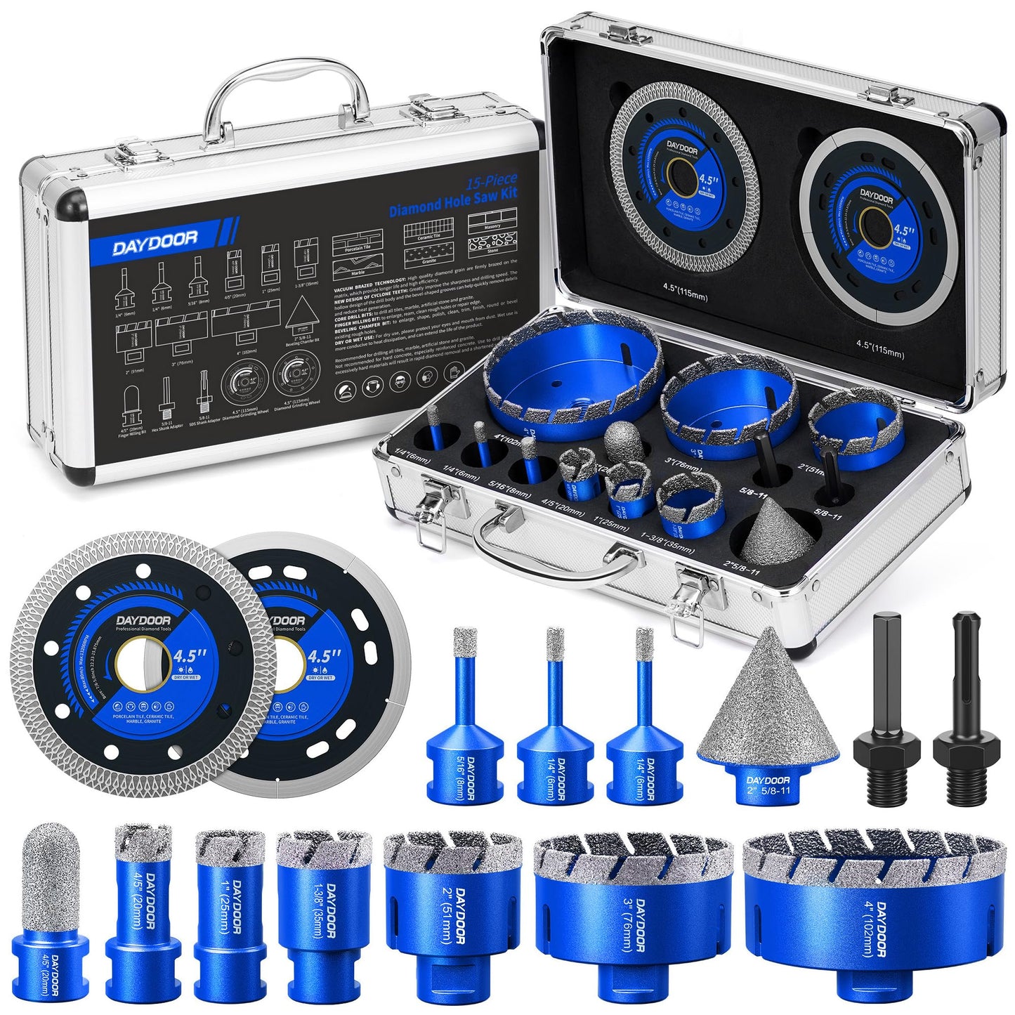 DAYDOOR Diamond Hole Saw Kit, 15-Piece Tile Hole Saw Kit 1/4" 5/16" 4/5" 1" 1-3/8" 2" 3" 4",Vacuum Brazed Core Drill Bits for Porcelain Tile, Granite, Marble, Stone(Blue)