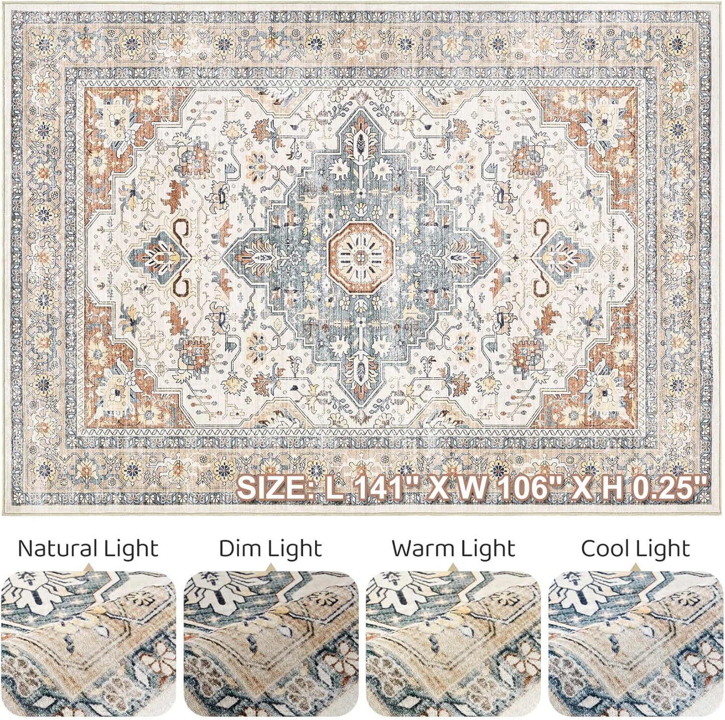 Skiennix 9x12 Area Rug - Washable Boho Vintage Soft Carpet | Stain Resistant, Non-Slip, Beige & Blue