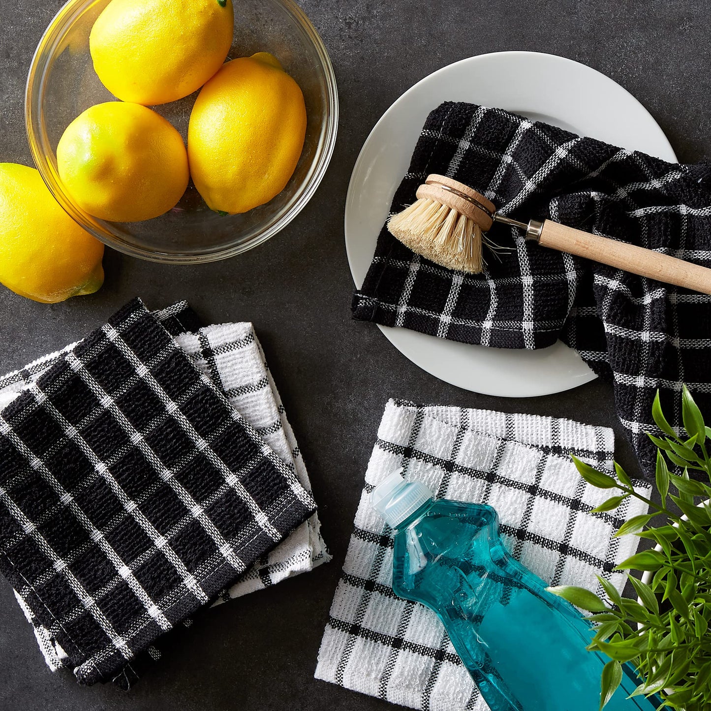 DII Basic Terry Collection Windowpane Dishcloth Set, 12x12, Black, 6 Piece