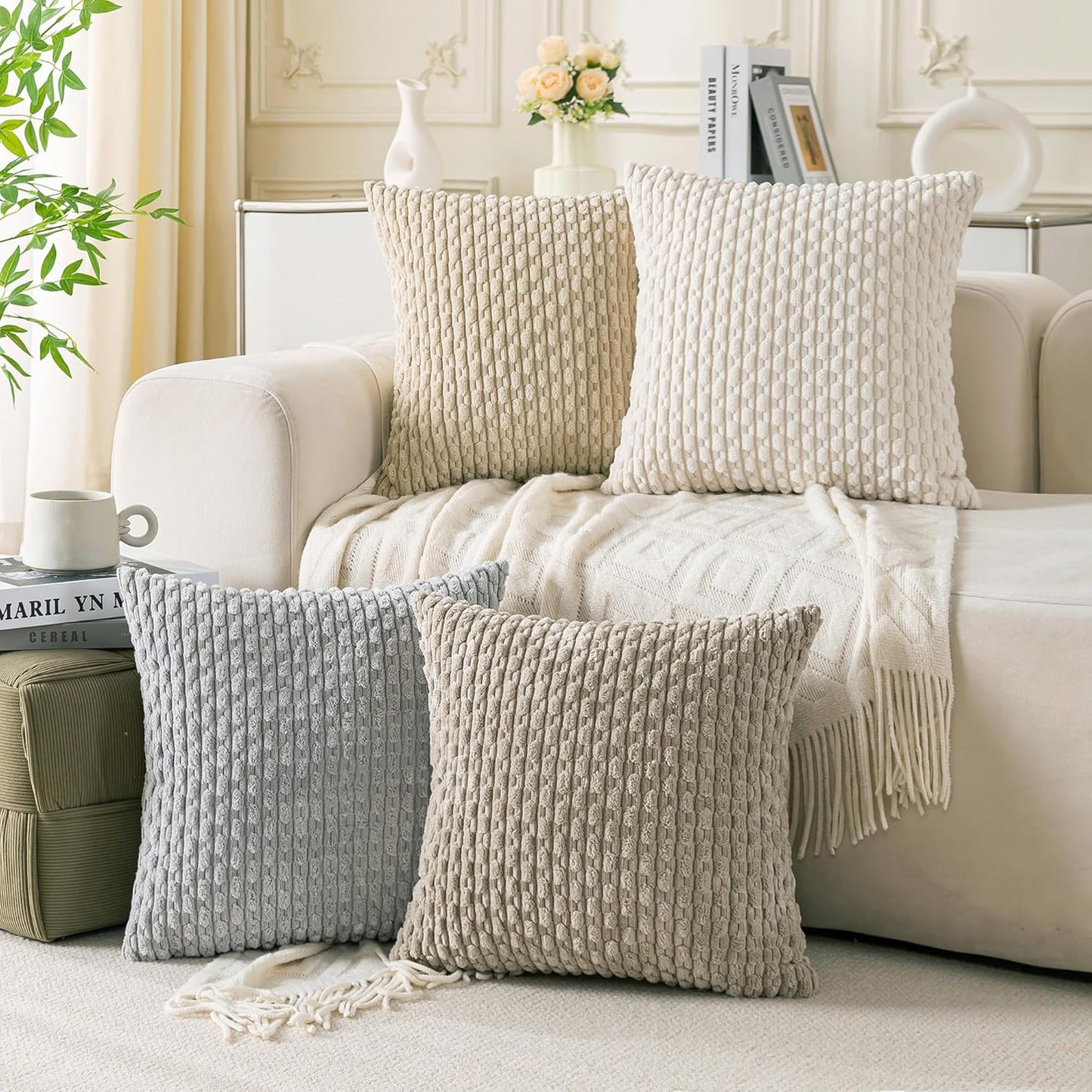 Skiennix Set of 4 Neutral Decorative Throw Pillow Covers - Soft Corduroy 18x18 Inch Cushion Cases for Sofa & Bed