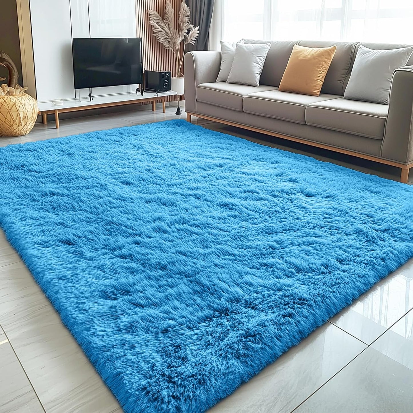 OLANLY Large Area Rug - Soft Fluffy Shaggy Carpet for Living Room & Bedroom | Bright Blue, 5x8 ft