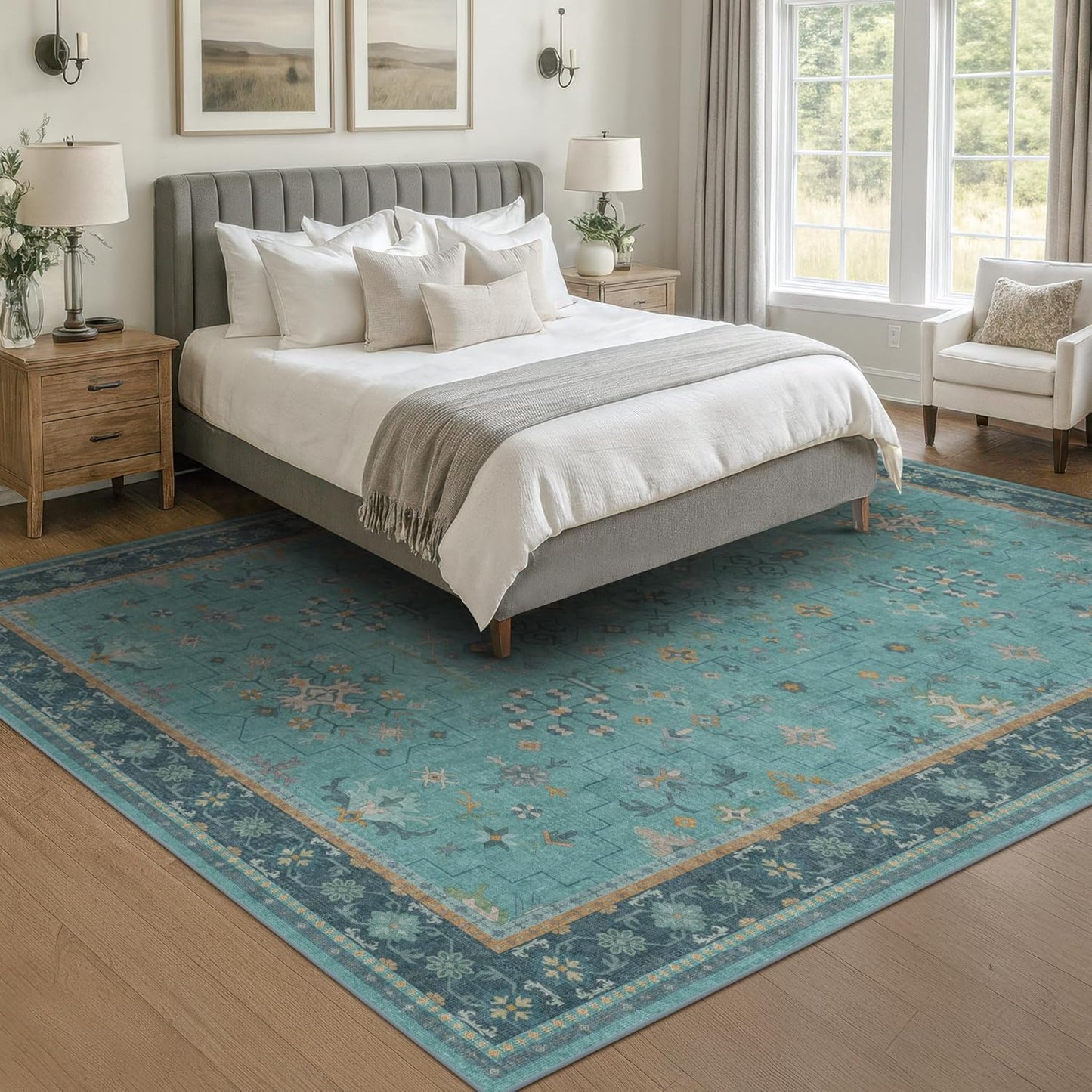 Skiennix Boho Teal 7x9 Soft Rug - Washable Turquoise Vintage Carpet for Living Room & Bedroom