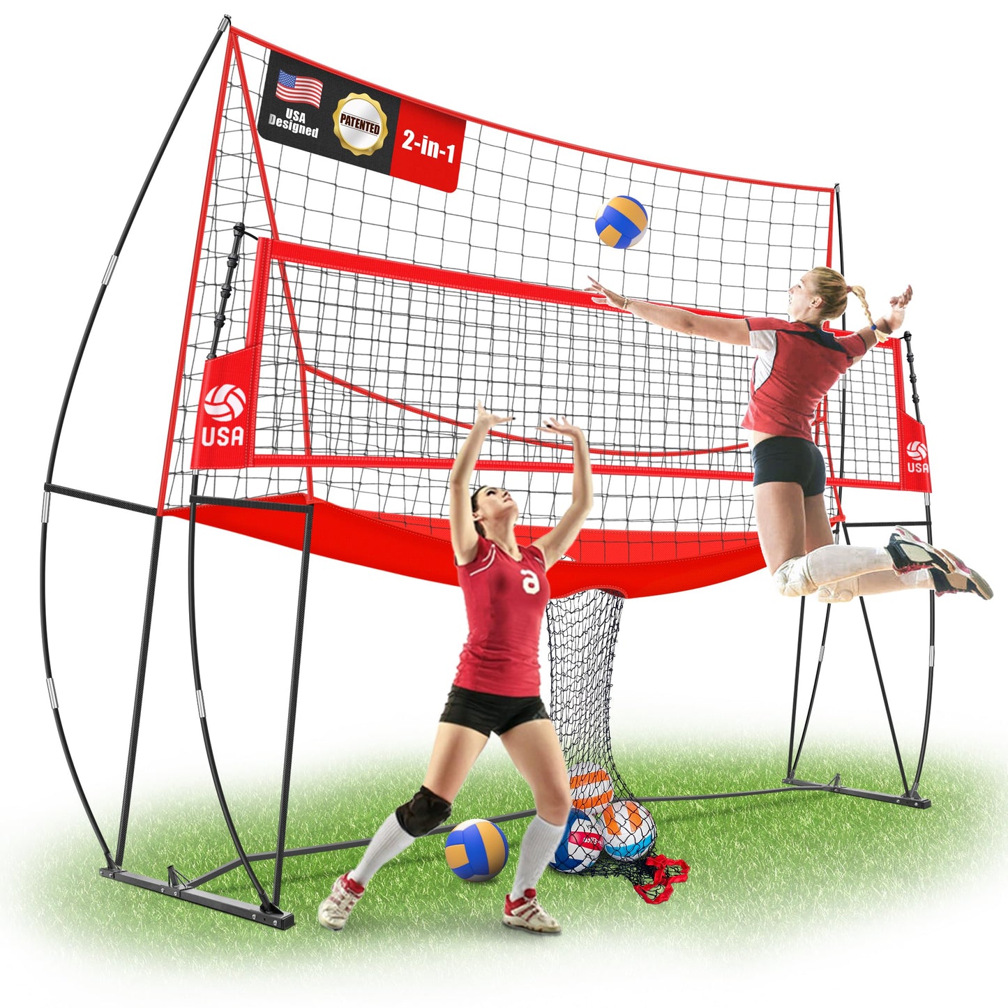 JOLORLY 2-in-1 Volleyball Practice Net Station with Patented 5-Height (6'6'' to 8'), Heavy Duty Training System for Hitting Spiking Serving, Backyard Indoor Outdoor Trainer Equipment (12x11 ft Red)