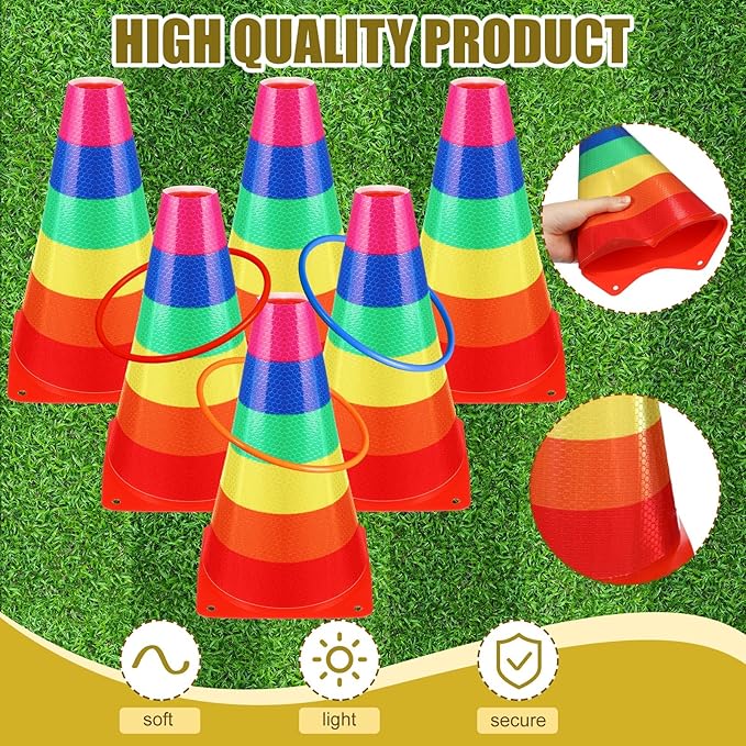 Leitee 6 Sets Candy Corn Ring Toss Game Plastic Cones Ring Toss Combo Set Mini Traffic Cones Toss Game for Sports Training Garden Backyard Outdoor Activities(Colorful,Carnival Game)