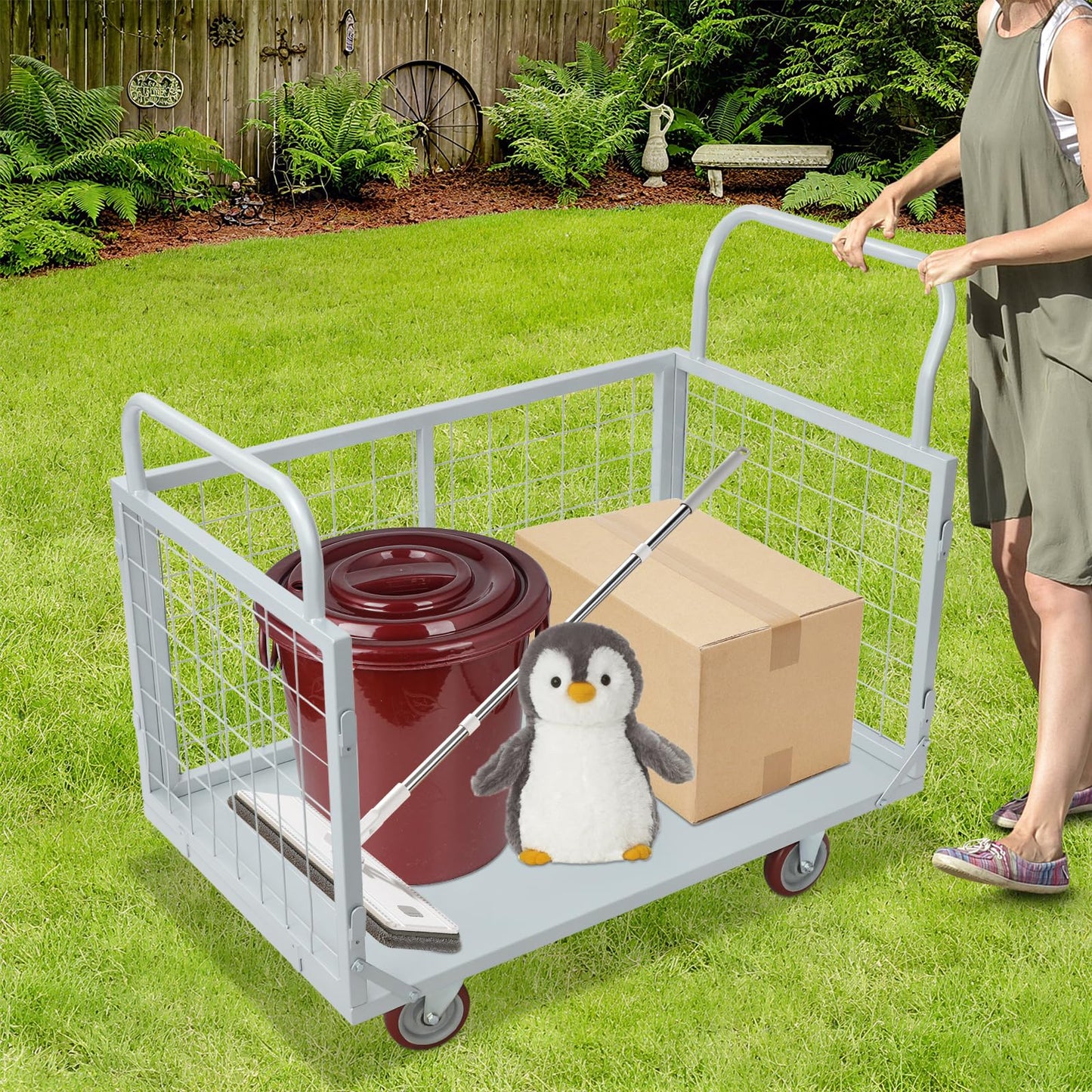 Platform Truck Cart with Cage, 38x24x21in Hand Truck Extra Large Version, Heavy Duty Push Cart Dolly, with Swivel Wheels, 1800lbs Capacity Utility Hand Cart, for Grocery/Storage (4-in-1, 1800lbs)