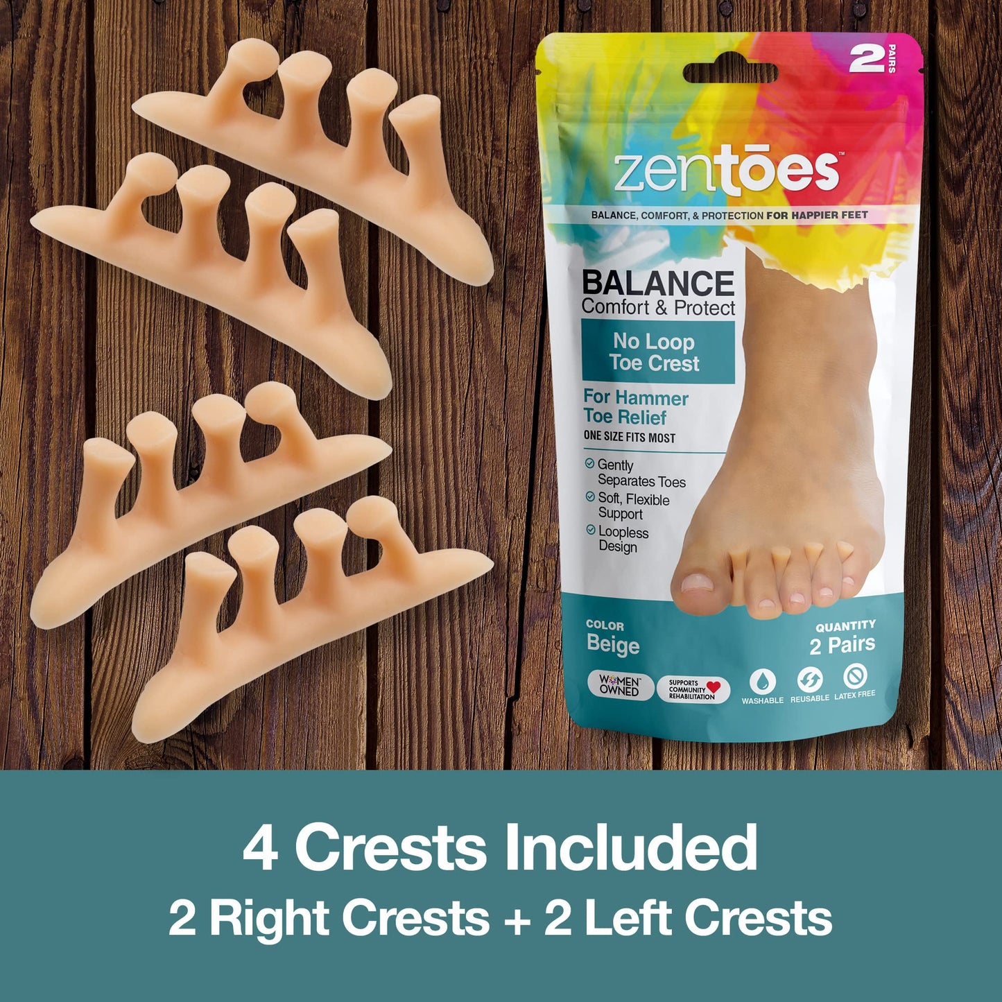 ZenToes Hammer Toe Straightener Crest with No Loop 4 Count Gel Spacer Splint and Crutch for Hammertoes, Overlapping and Mallet Toes (Beige)