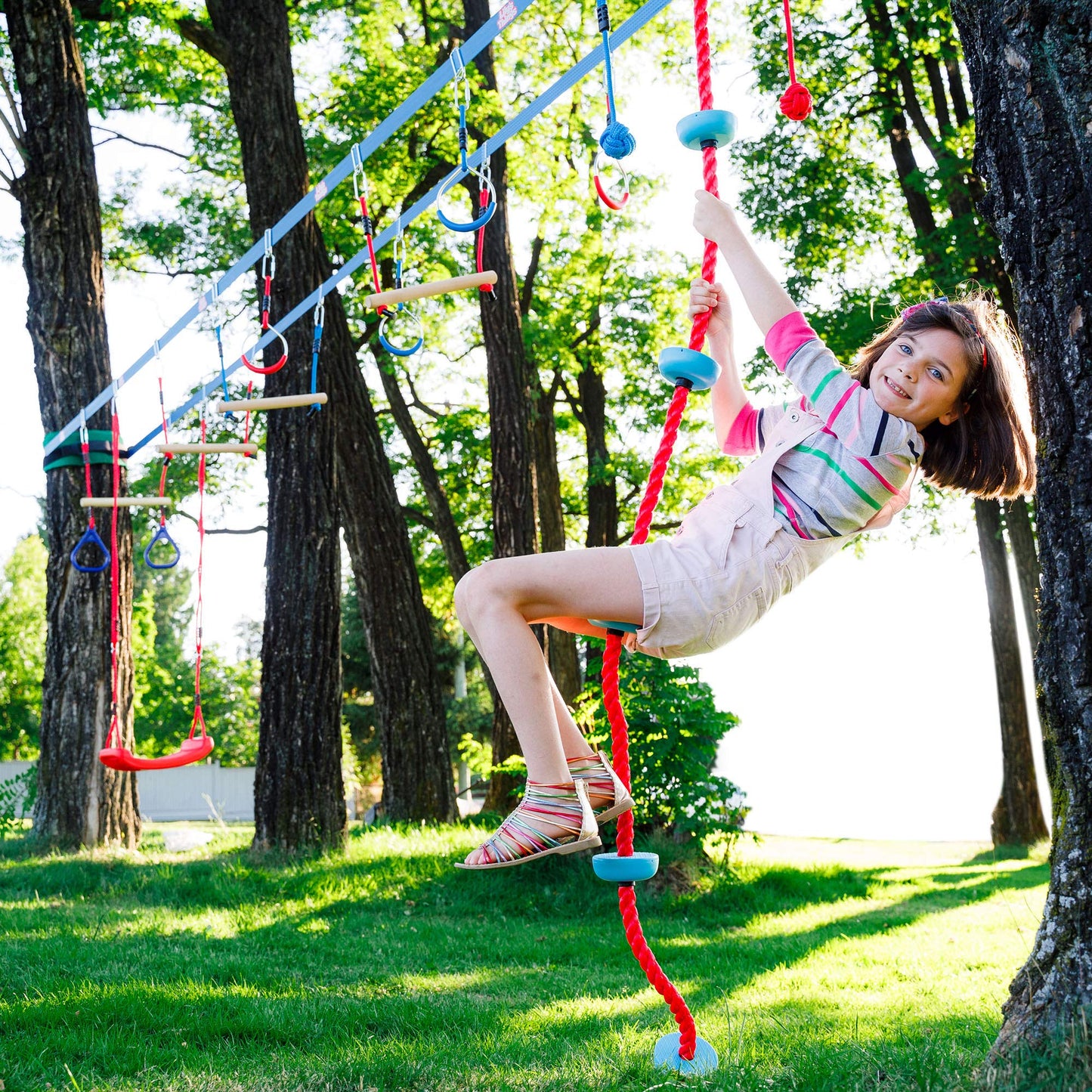 Double Ninja Slackline Obstacle Course for Kids | 110 Foot Line | Monkey Bars Playground Equipment | Ninja Warrior Obstacle Course for Kids | Patented Double Line Design (Deluxe)