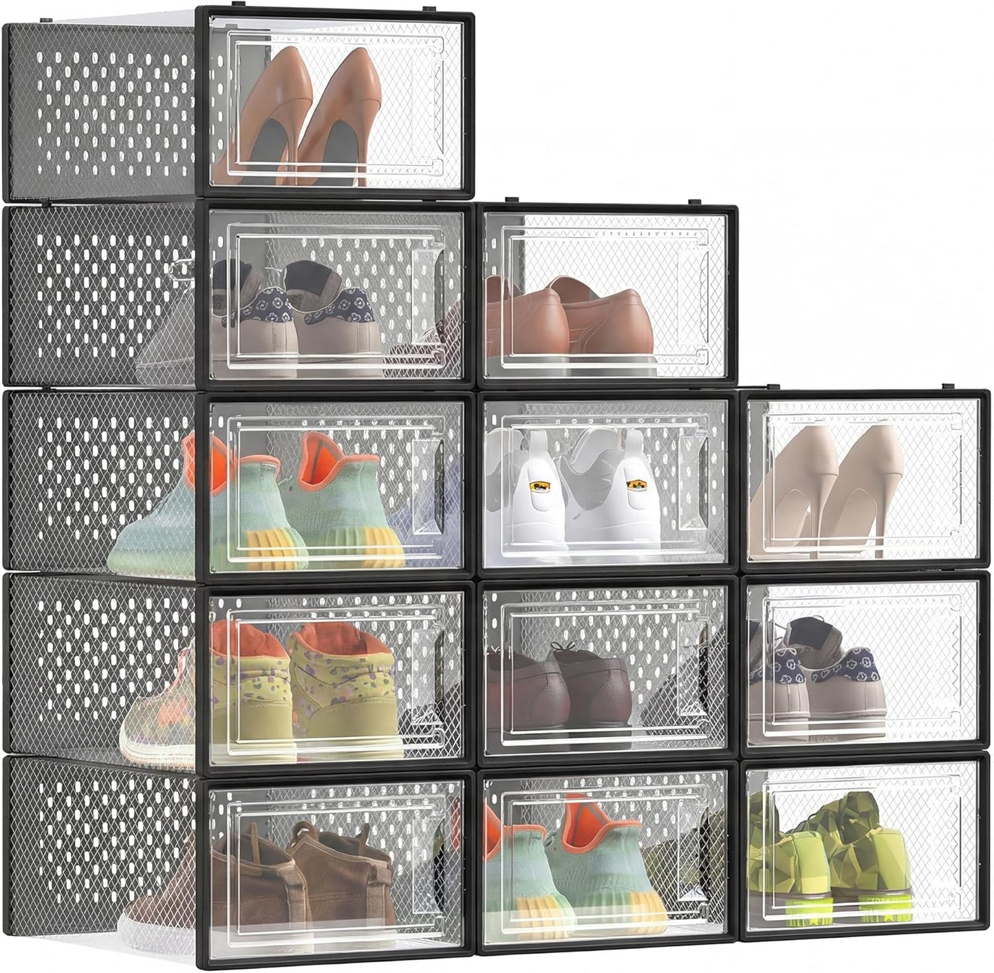 SONGMICS Shoe Storage Organizers - Pack of 12 Stackable Clear Plastic Boxes for Sneakers | 13.1 x 9.1 x 5.6 Inches, Transparent & Black