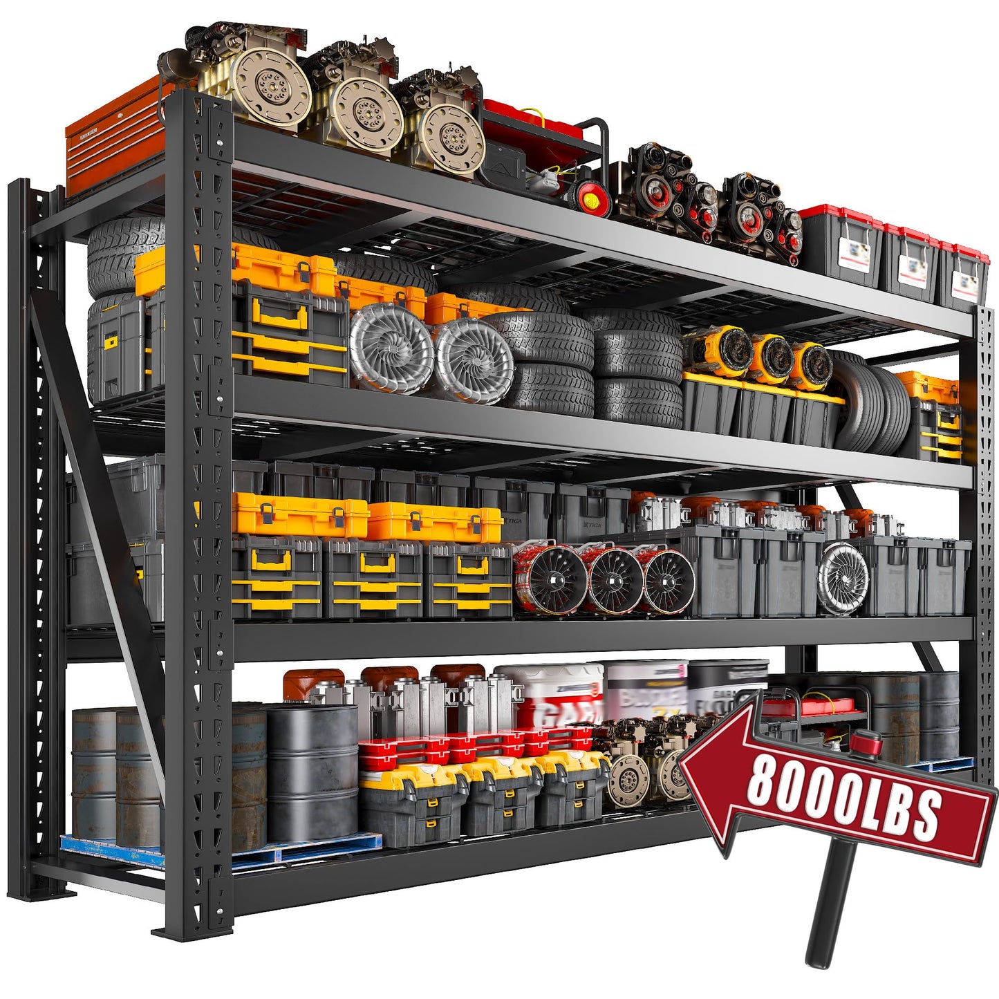 Bepatio 8000LBS Heavy Duty Garage Shelving,77"W Industrial Storage Shelves,4 Tier Adjustable Metal Shelving Unit,Rust Proof Large Tall Steel Rack for Basement,Warehouse,Commercial Use24"D x 72"H,Black