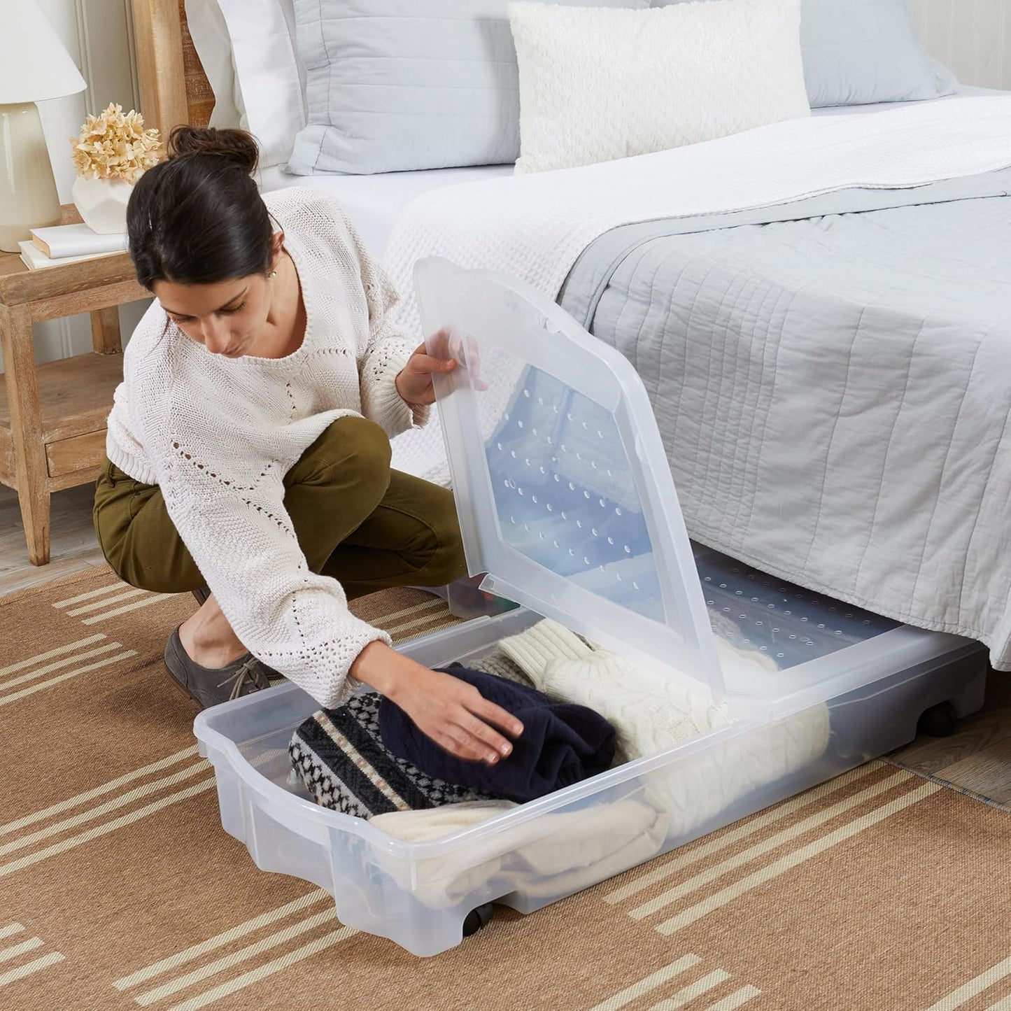 Rubbermaid 70 Quart Under Bed Storage Boxes - Dual Hinged Lids & Rolling Caster Wheels | Clear, 2 Pack