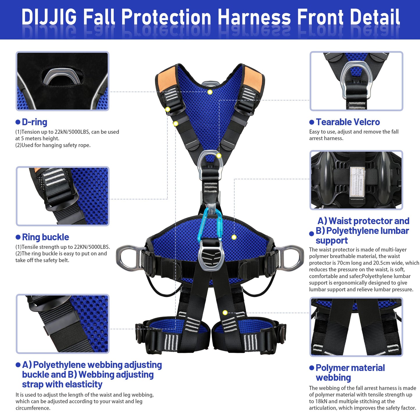 DIJJIG Fall Protection Full Body Safety Harness 5pt Roofing harnesses Aluminum O-Rings 8”Thick Back Support Belt Construction With Reflective Strips OSHA/ANSI Compliant