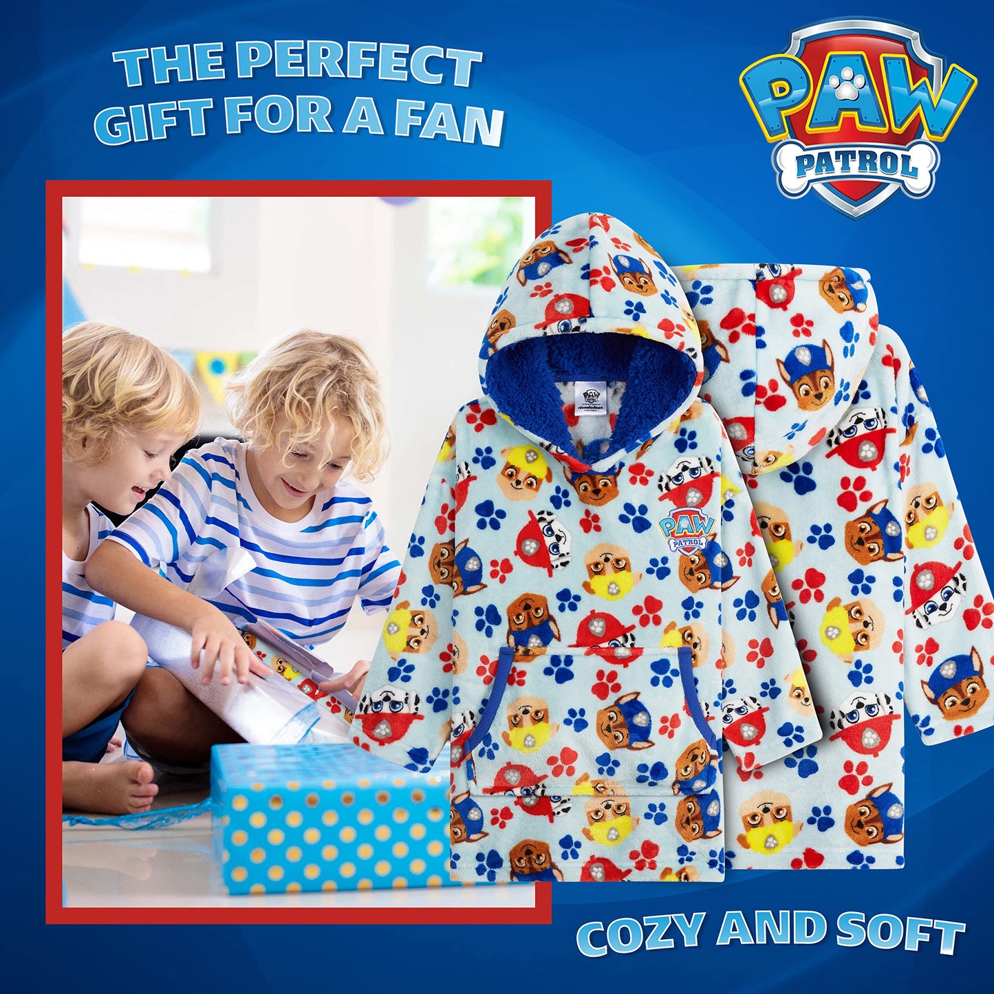 Paw Patrol Blanket Hoodie for Kids Toddlers, Fleece Wearable Blanket with Sherpa Hood, Marshall Rubble Chase Gifts for Kids (Blue, 2-4 Years)