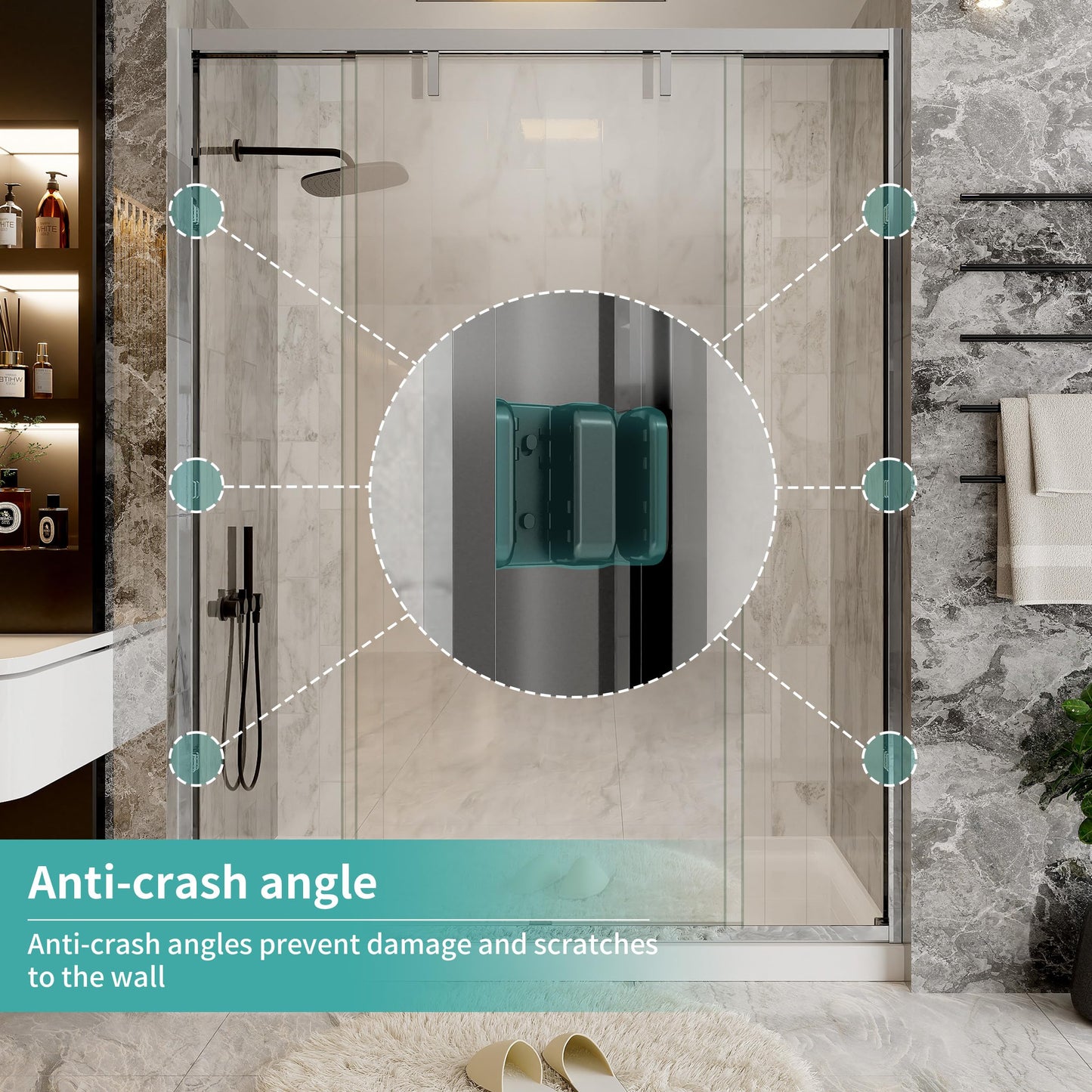 56–60" W x 76" H Chrome Double Sliding Shower Door, Semi-Frameless Soft-Close Bypass Shower Glass Door with 5/16" (8mm) SGCC Tempered Glass and Explosion-Proof Film
