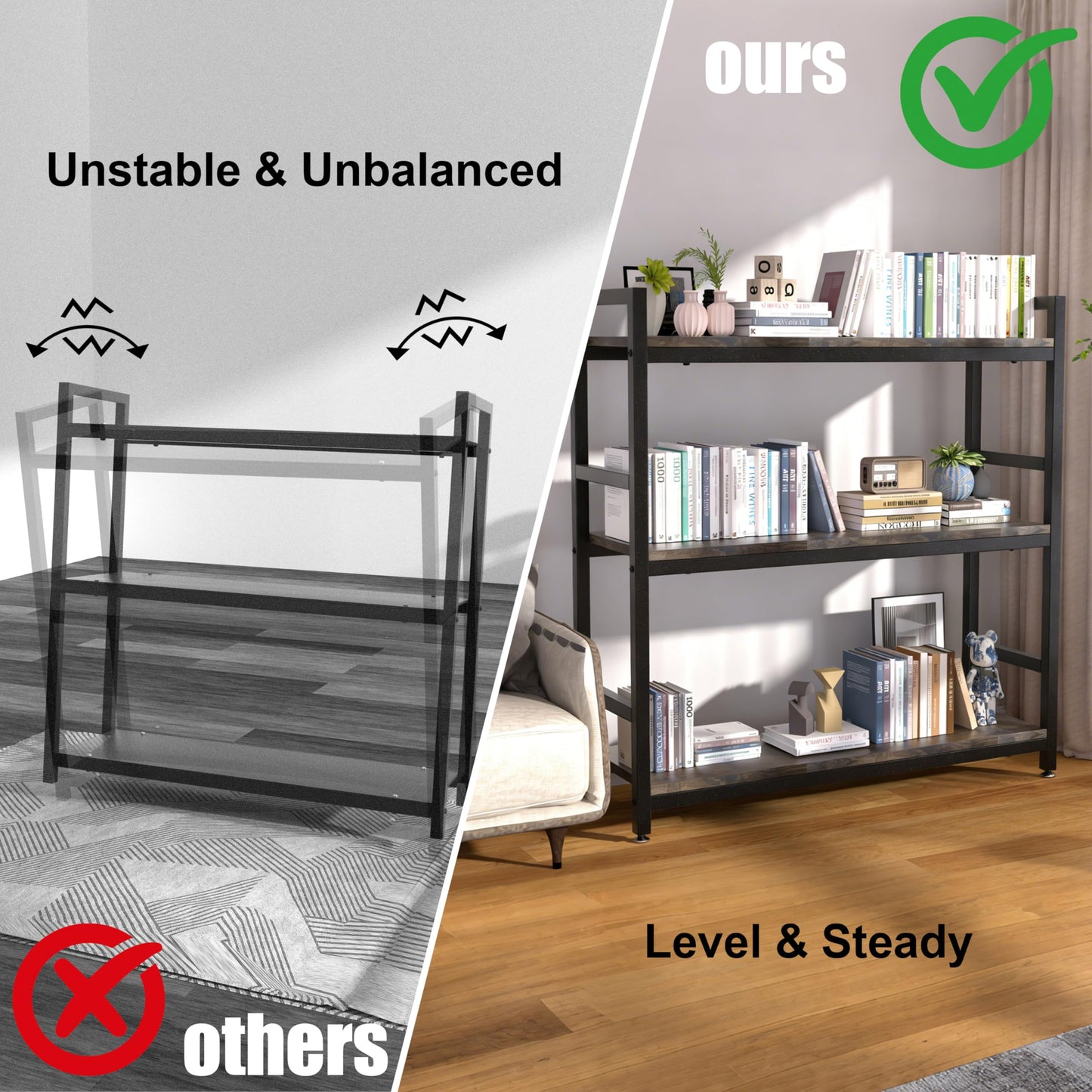 KOSEOO 3-Tier Industrial Bookshelf, 36" Rustic Open Bookcase with Heavy-Duty Metal Frame, Versatile 3-Shelf Storage Rack for Living Room, Bedroom & Home Office, Easy Assembly Display Shelf