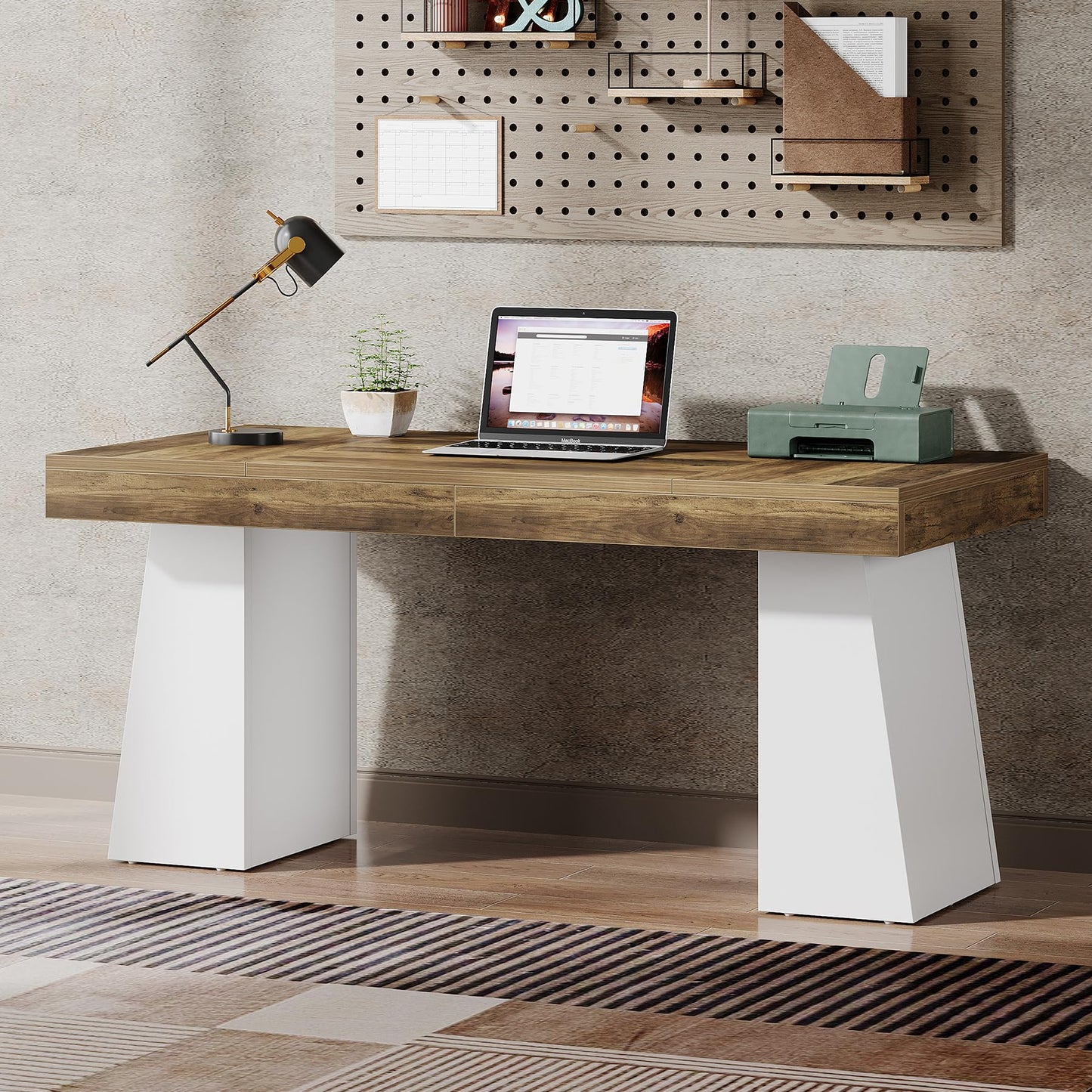 Tribesigns 55 Inches Executive Desk, Mid-Century Modern Home Office Desk, Wood Computer Table Business Workstation Small Conference Table, White & Brown