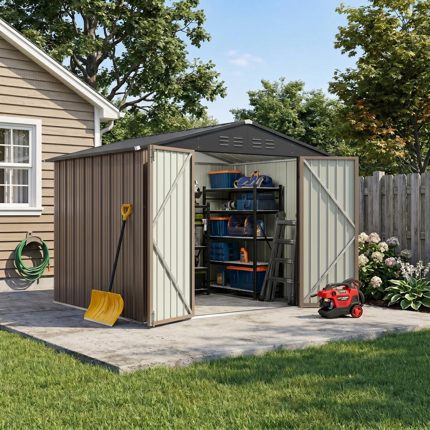 Devoko 8x10 FT Outdoor Storage Shed, Metal Tool Shed with Lockable Door&Slooping Roof, Outside Storage for Garden Backyard Patio(Brown)