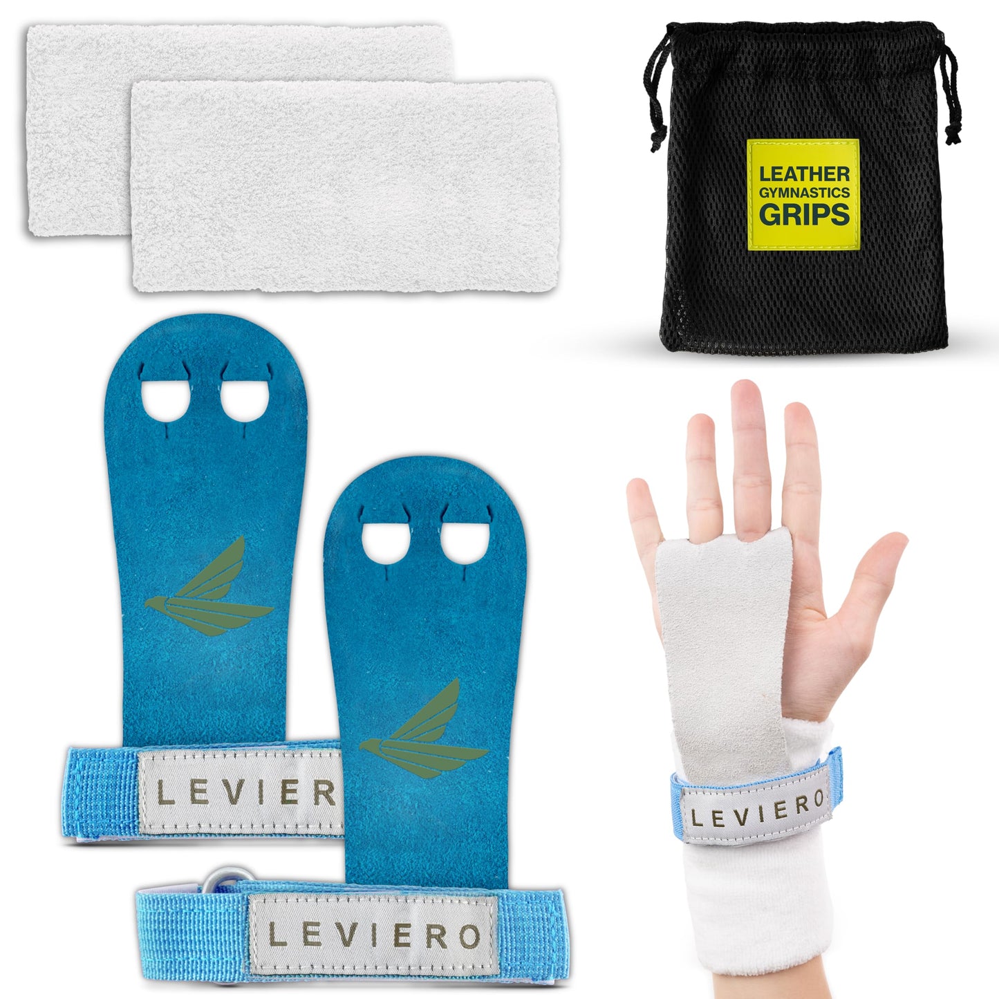 LEVIERO Palmies Gymnastics Grips, Grips for Gymnastics, Multipurpose Soft Leather Grips with Adjustable Finger Holes, Weightlifting, Kettlebell, Cross Training Workouts for All Ages - (Aqua, Small)