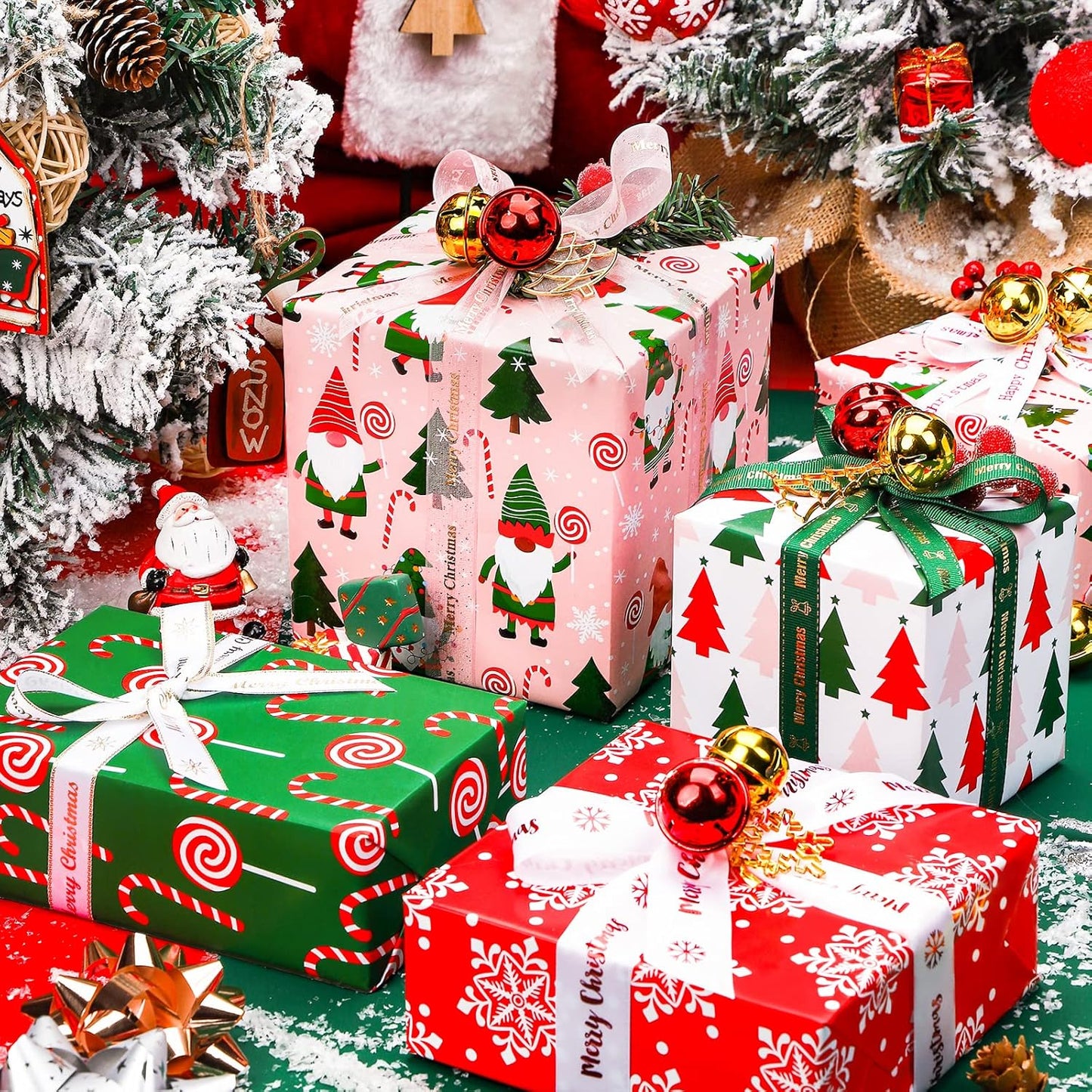 WRAPAHOLIC Christmas Wrapping Paper Roll - Jumbo 30 Inch Gnome Elf Holiday Collection | 4 Rolls, Red, Green, Pink