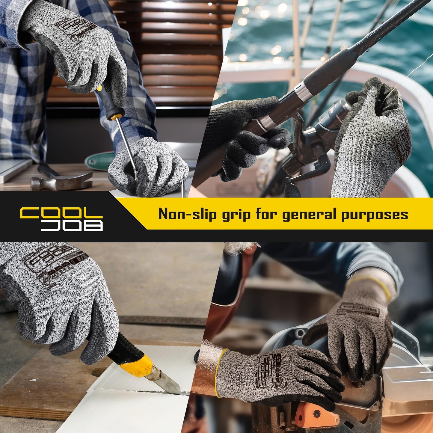 COOLJOB 12/120 Pairs A4 Cut Resistant Safety Work Gloves with Grip, Breathable & Lightweight Polyurethane PU Coated Protective Gloves for Wood Carving, Glass Handling, Mechanic Work, Gray Large