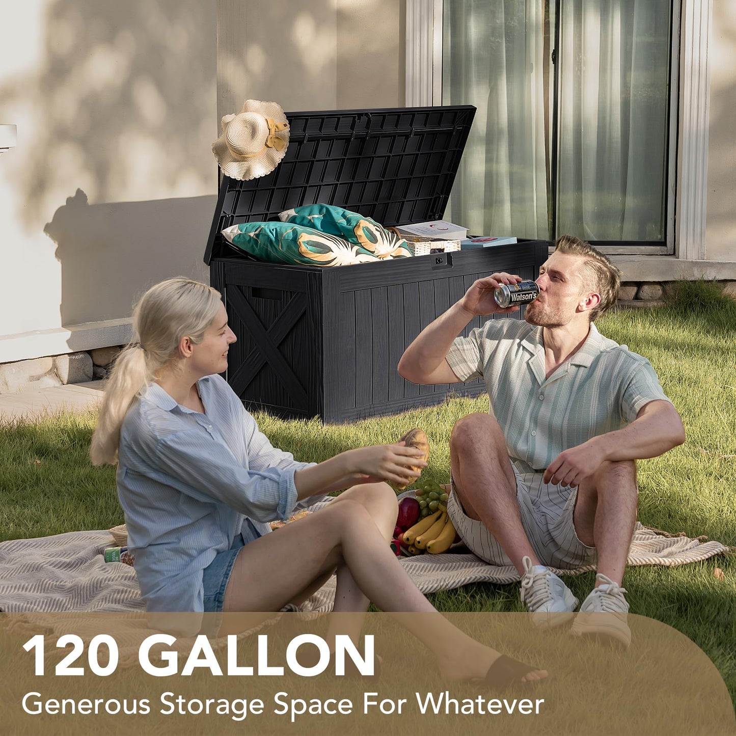 Devoko 120 Gallon Deck Box Resin Outdoor Storage Box Waterproof for Patio, Large Outdoor Storage Bench Lockable for Outside (Black)
