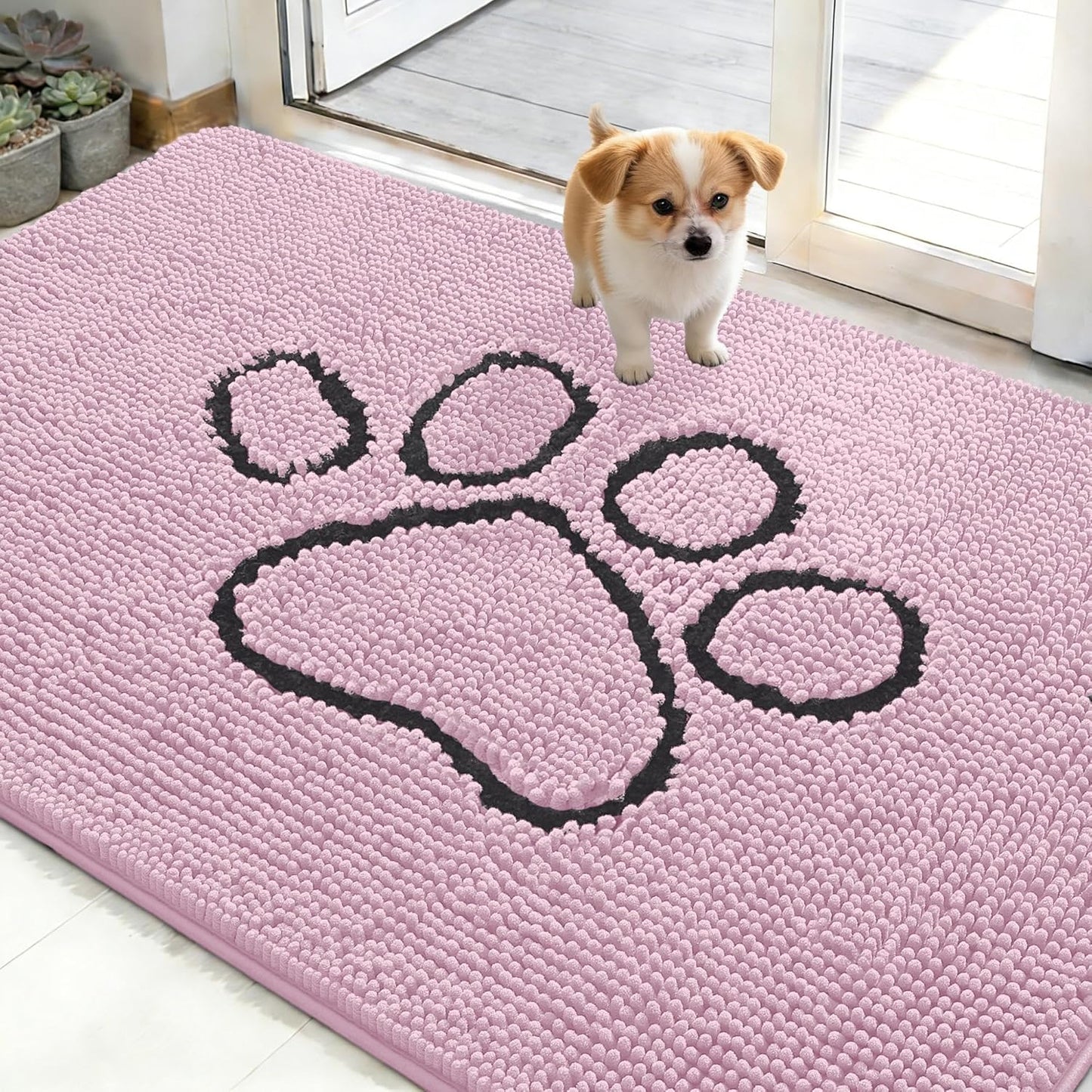 OLANLY Dog Door Mat - Absorbent Muddy Paws Doormat | Non-Slip Chenille, 48x30, Dusty Rose