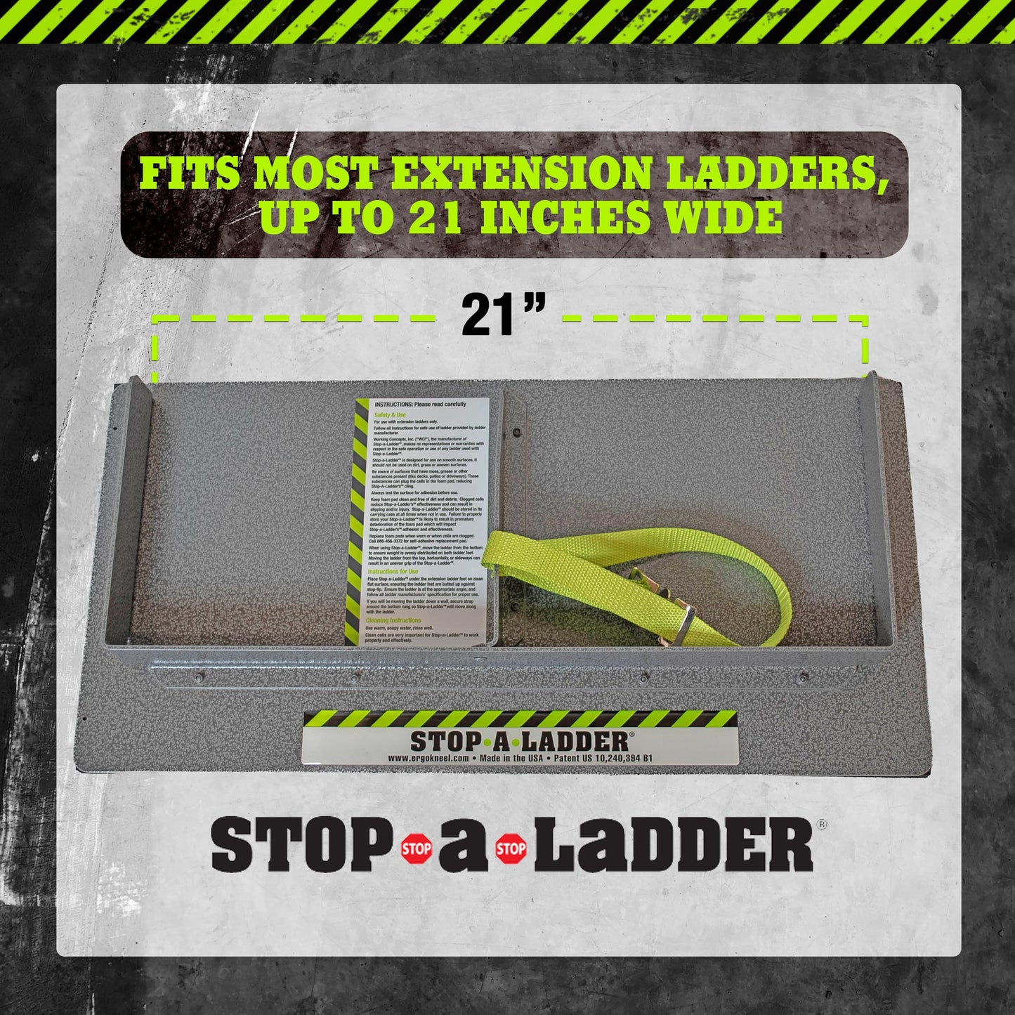 Stop-A-Ladder | Ladder Safety Device Prevents Slipping on Slick Surfaces | Fits Extension Ladders Up to 21” Wide | Lightweight, 6 lb Foam Grip with Adjustable Strap | Ladder Grip