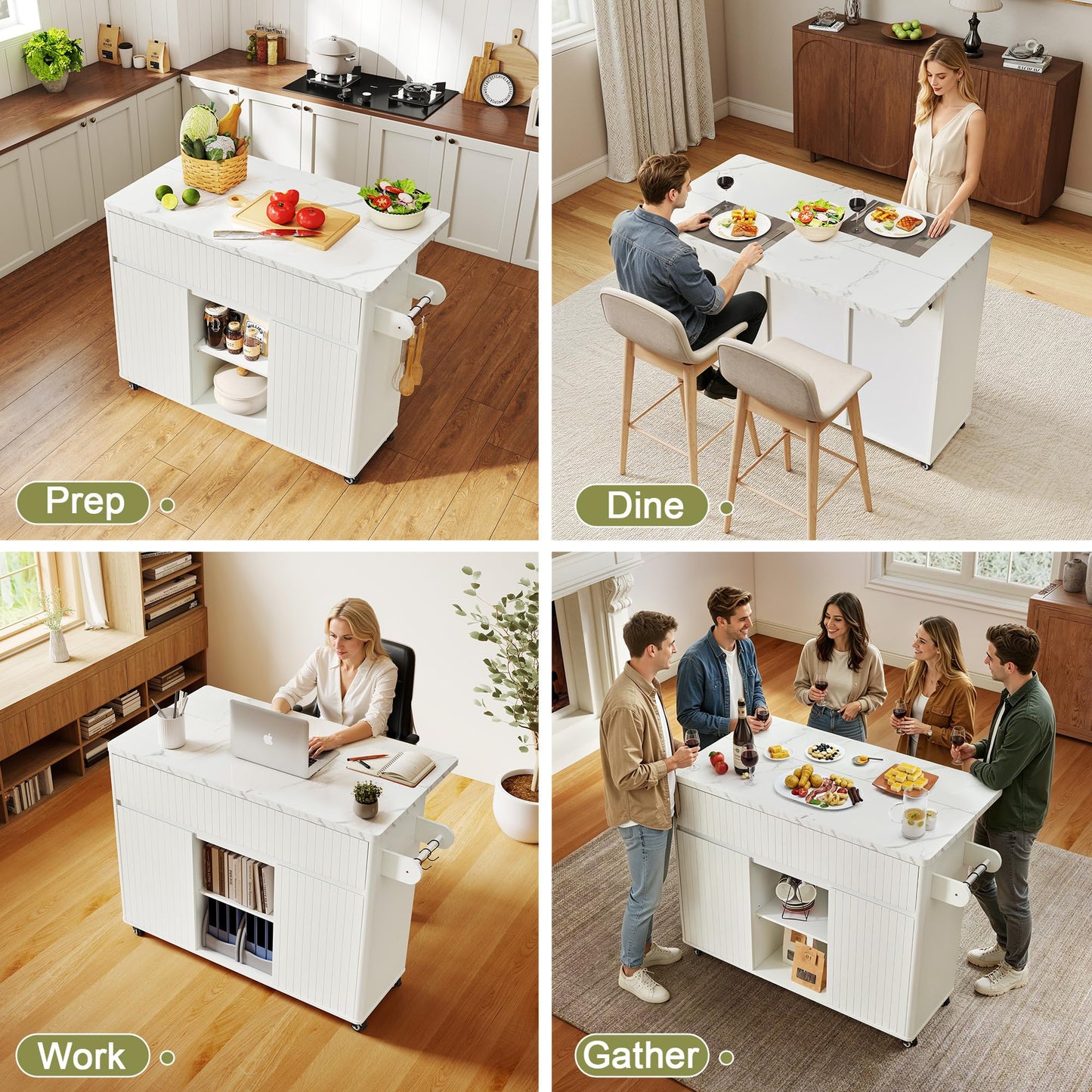 weselon 47" Mobile Kitchen Island with Storage & Drop Leaf, Rolling Kitchen Cart on Wheels with 2 Drawers, Adjustable Shelves, Towel Rack & Hooks, Faux Marble Top Island Table for Kitchen (White)