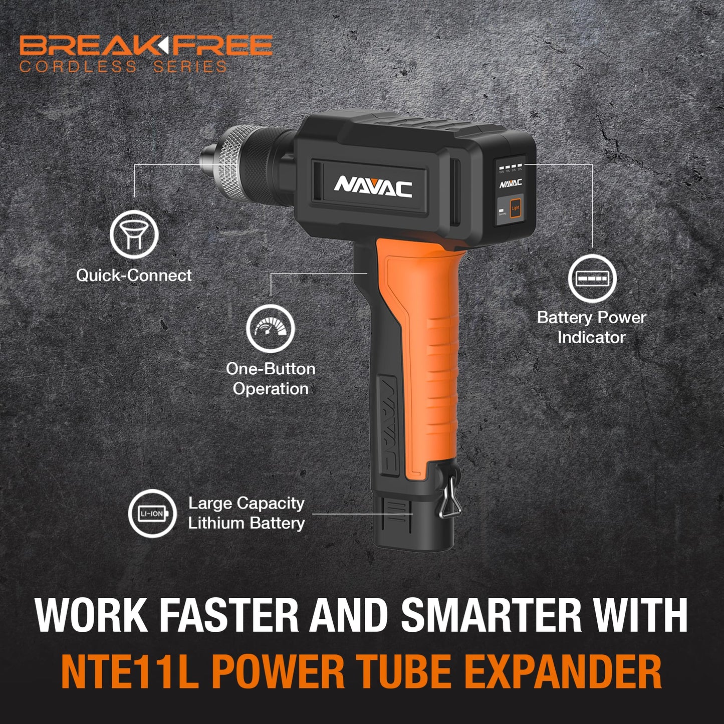 NAVAC NTE11L Power Tubing Expander - Soft or Annealed Copper Swaging Tool - Battery-Operated - One-Button Operation - Quick Connect Expander Heads