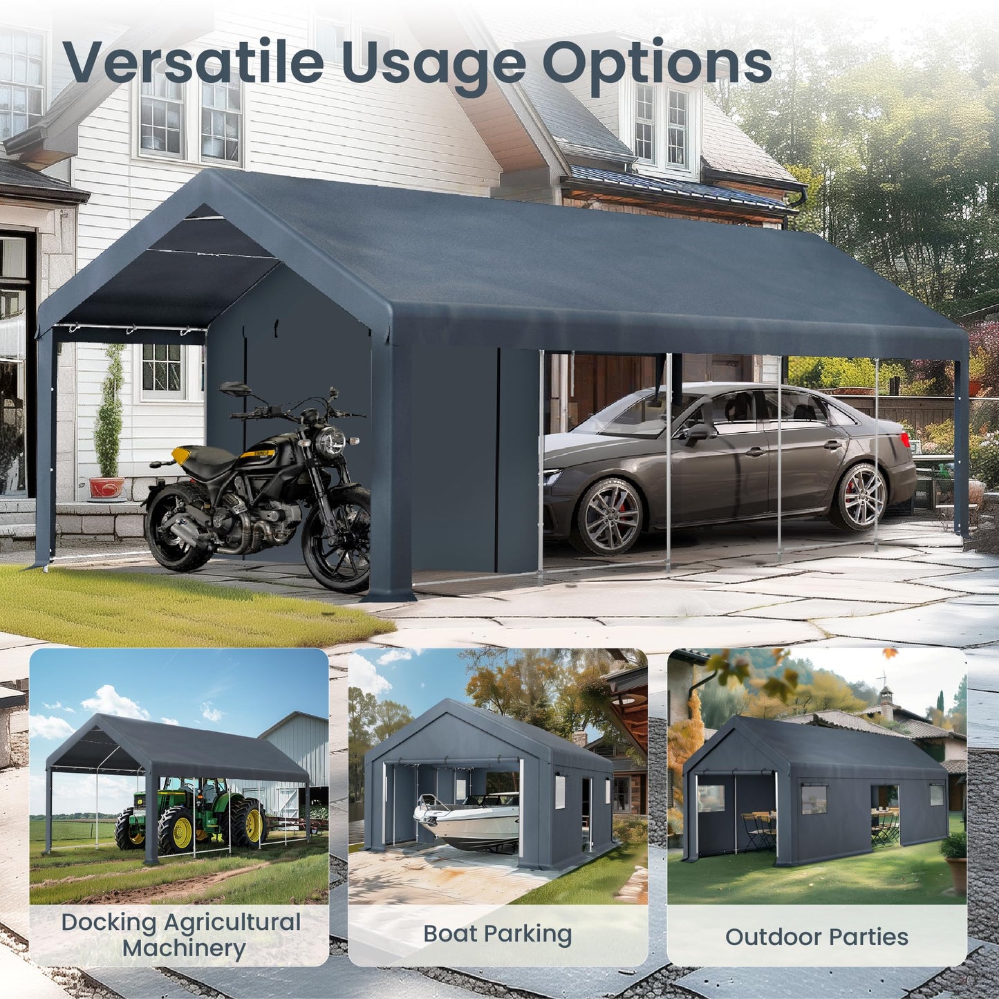PHI VILLA Portable Garage Carport,13x24ft Car Tent Shed Carports canopy Outside Storage Tents Shelter, Heavy Duty Garages Shelters Waterproof UV Resistant with Rollup Zipper Doors for Cars,Boats,Tools