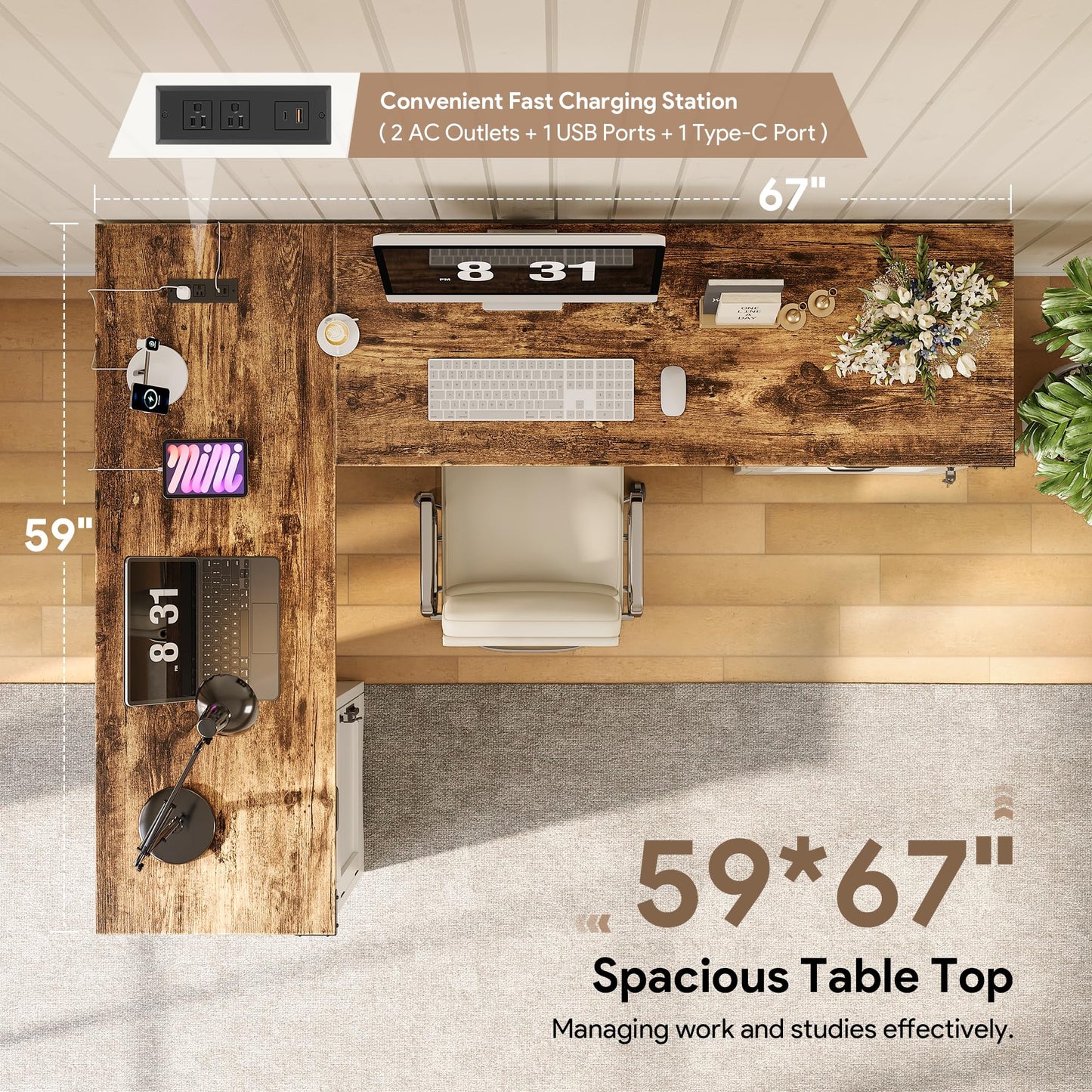 Decofy L Shaped Farmhouse Executive Desk with Drawers, 67" Home Office Desks with Fast Charging Station, Lockable File Cabinet, Wood Writing Computer Desk for Work, Study, White