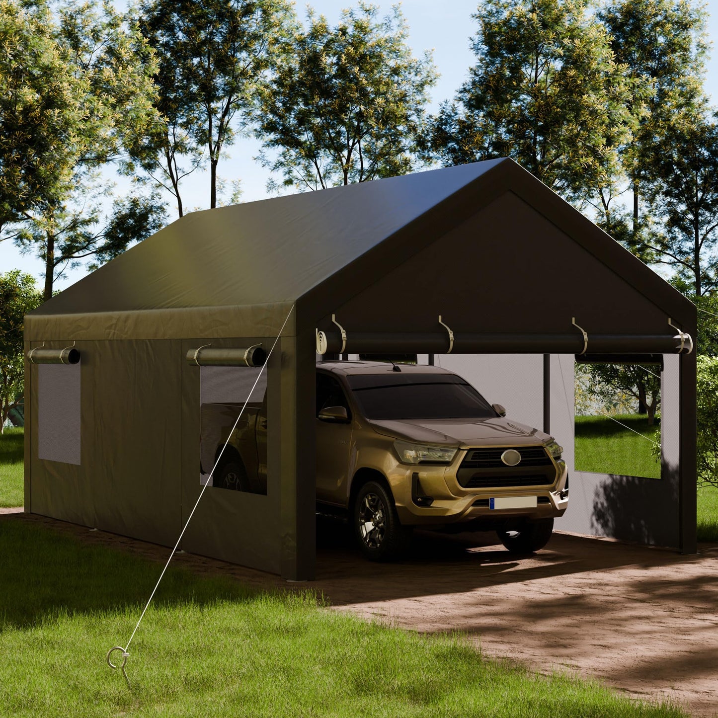 12x20 FT Heavy-Duty Design Carport,Portable Garage Canopy,Carport Canopy with Side-Opening Removable Door & Roll-Up Window,Portable Car Port for Car, Truck, Boat,Grey