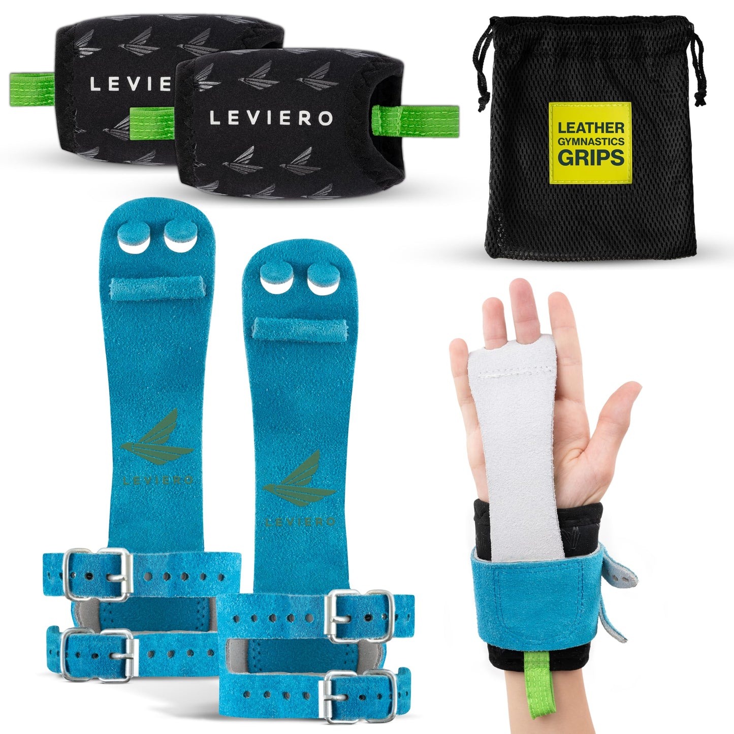 LEVIERO Gymnastics Grips Set Narrow Squeeze, Grips for Gymnastics Girls, Dowel Grips with Soft Leather, Double Buckle Wrist Closure, and Adjustable Finger Holes, for All Ages - (Aqua, 000)