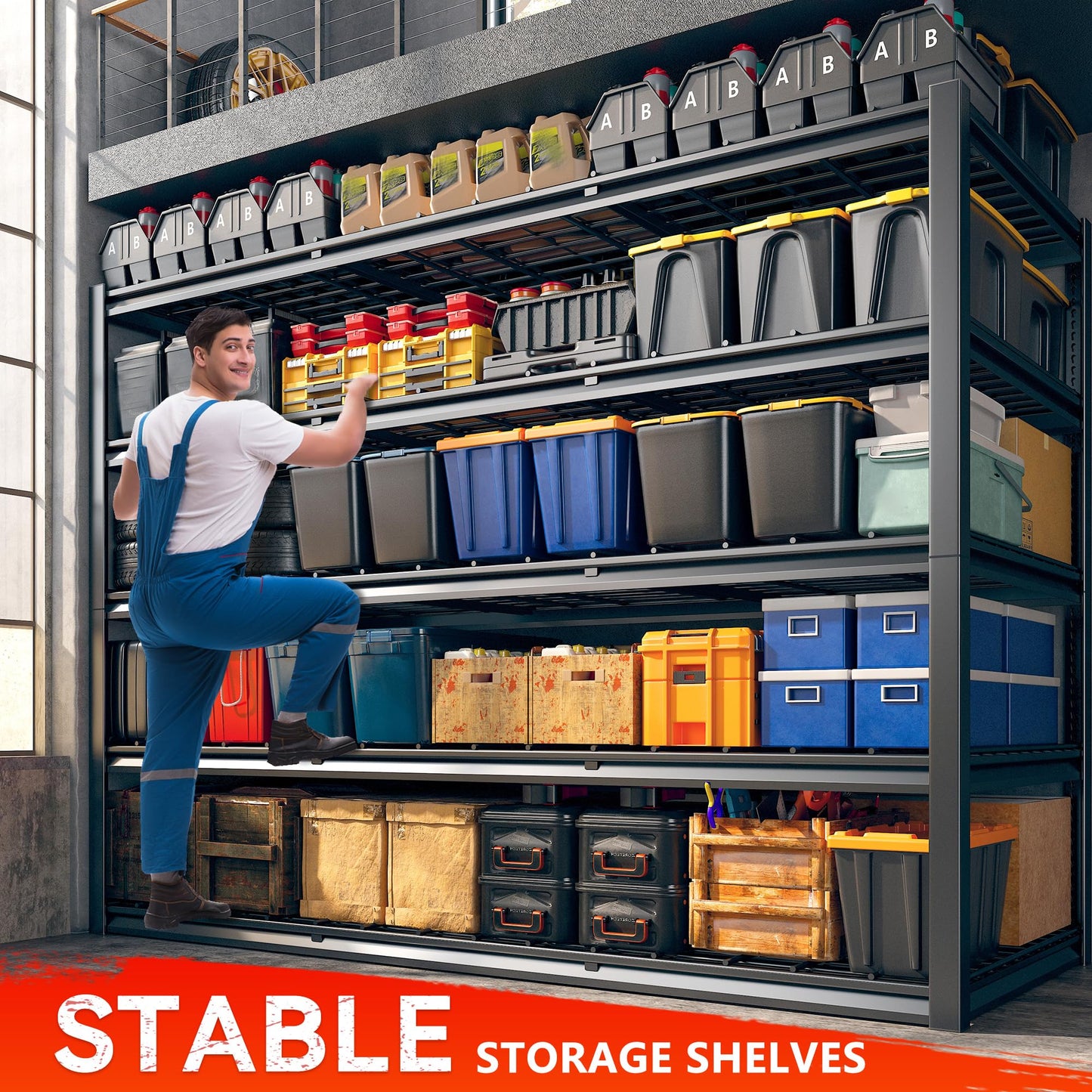 REIBII 60" W Heavy Duty Garage Shelving,3000LBS Storage Shelves Metal Shelving,Adjustable Shelves for Storage Industrial 5 Tier Garage Shelves for Warehouse Basement Pantry60 W x 24" D x 72" H