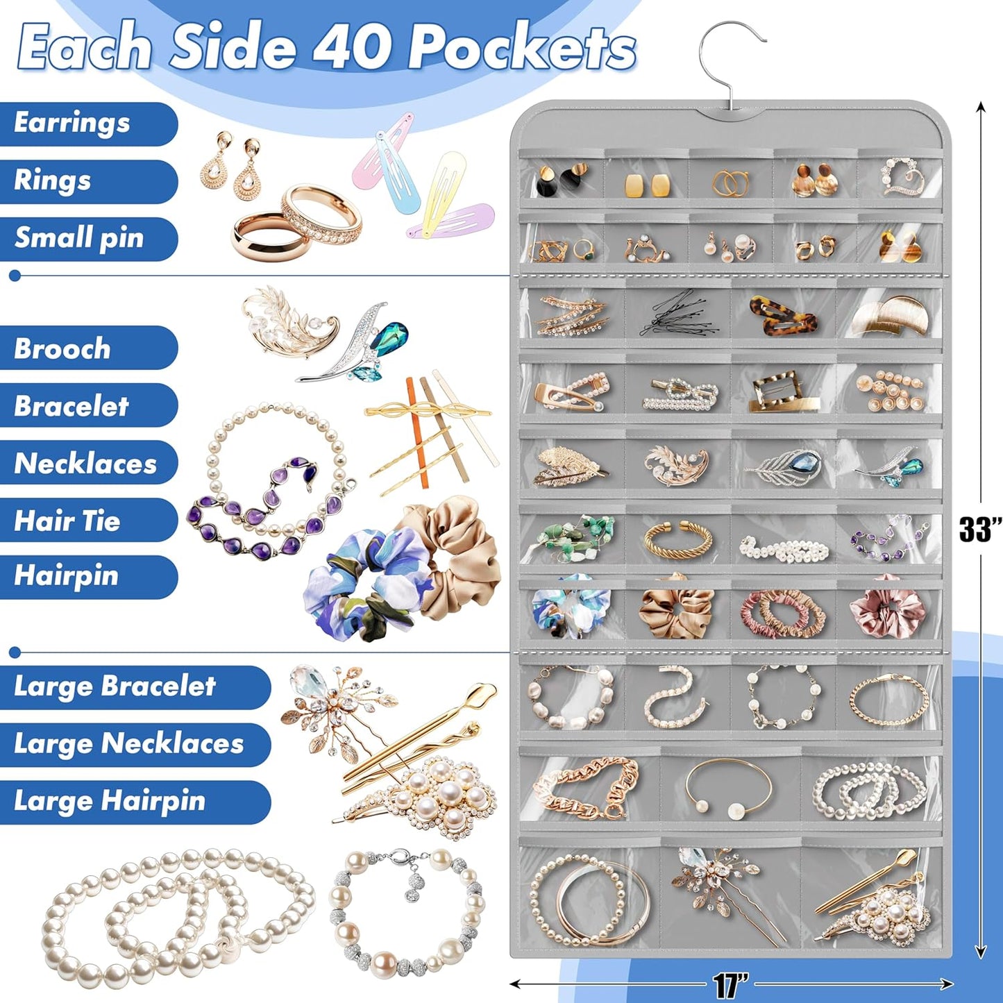 Simple Houseware Jewelry Organizer - 80-Pocket Hanging Storage for All Accessories | Gray