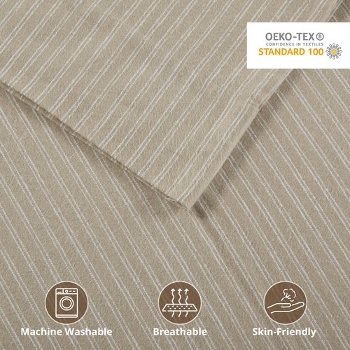 Beautyrest Cotton Sheet Set Cozy Print 100% Cotton Flannel Sheets Warm & Fuzzy Bedding Set, Oversized Sheets, Deep Pocket Fits Up to 16" Mattress Queen Bed Sheets Queen Beige/White Stripes 4 Piece