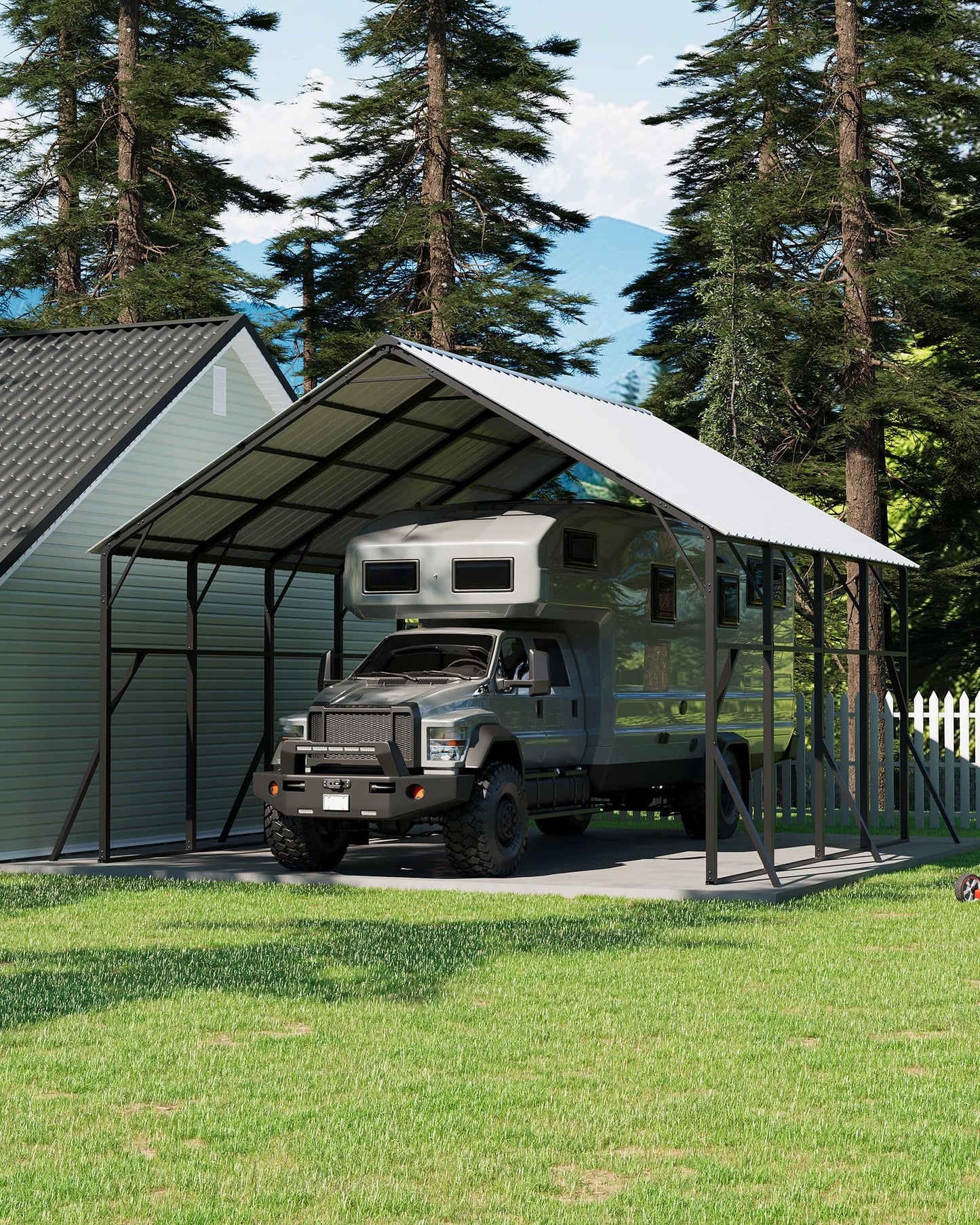 GarveeLife 20x20 ft Vertical Roof Metal Car Port, with 120° Steep-Pitch Roof for Snow Shedding, 173" High-Clearance RV & Tractor Shelter, Heavy-Duty 2 Cars Car Port with Reinforced Frame