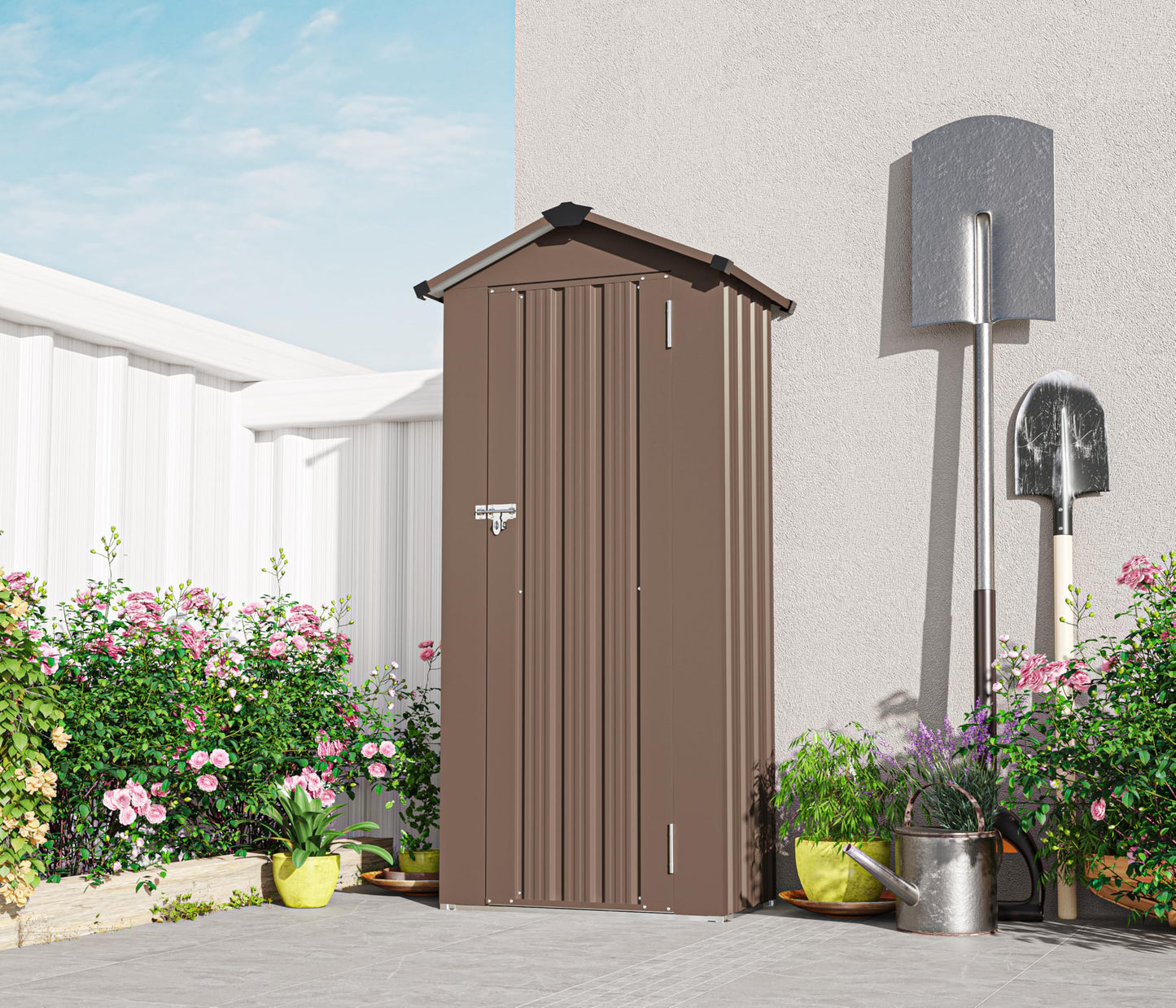 KEIKI Outdoor Storage Shed, 69.7''x16.9''x29.5'' Metal Tool Shed with Sloping Roof & Lockable Door, Small Shed, Top Tall Vertical Tool Cabinet for Backyard Garden Patio Lawn