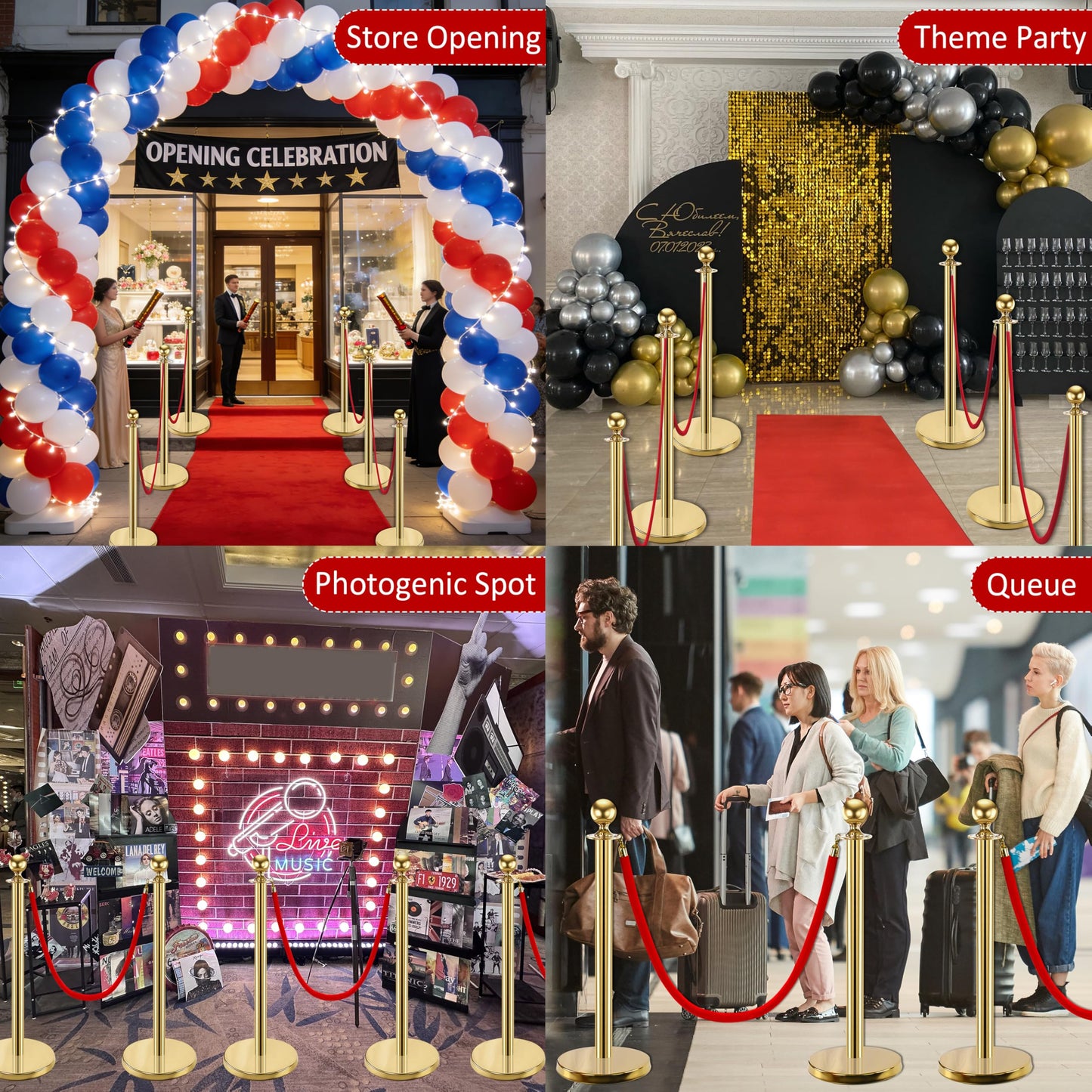 Goldshire 8 PCS Stanchions and Velvet Ropes Set, Stainless Steel Post with 4 Red Velvet Ropes, Crowd Control Barriers, Red Carpet Runner Poles for Party, Wedding, Queue